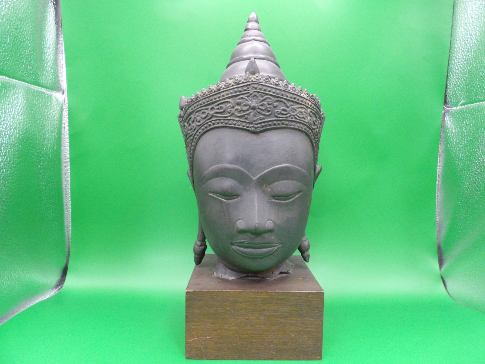antique Asian Thai bronze buddha head mounted on wood base: Total height 13 inches including wooden base.