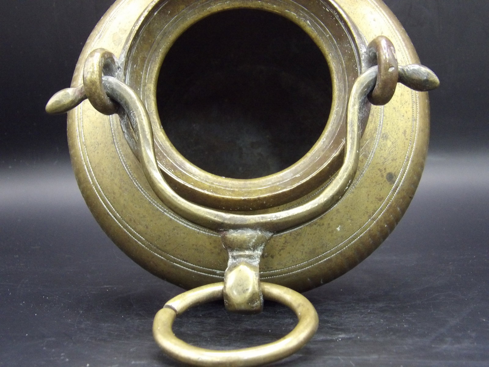 19th Century Indian Religious Brass Holy Water Pot: Pot is over 5 inches height. With hook it's about 10 inches.