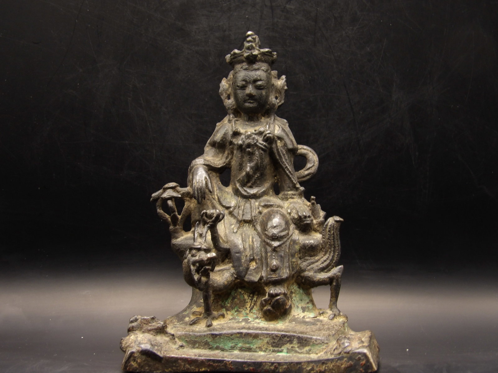 Rare Ming Dynasty Chinese Bronze Buddha Riding A Dragon: RARE FIND! 6.5 x 5 x 3.5 inches. Some gold gilt remaining.Item was well cared for in display case. Prominent collector southeastern USA.