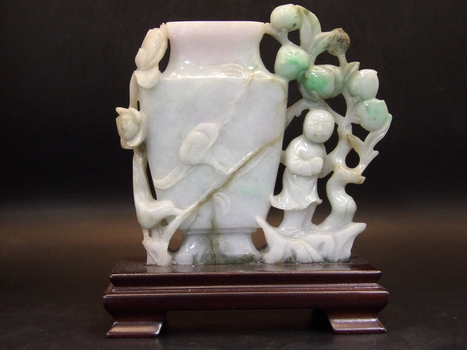 Chinese Qing Dynasty Jadeite Jade Boy Vase Carving on wooden base: This antique statue is adhered to wooden base. Total height is 6 inches and total weight is 816 grams.