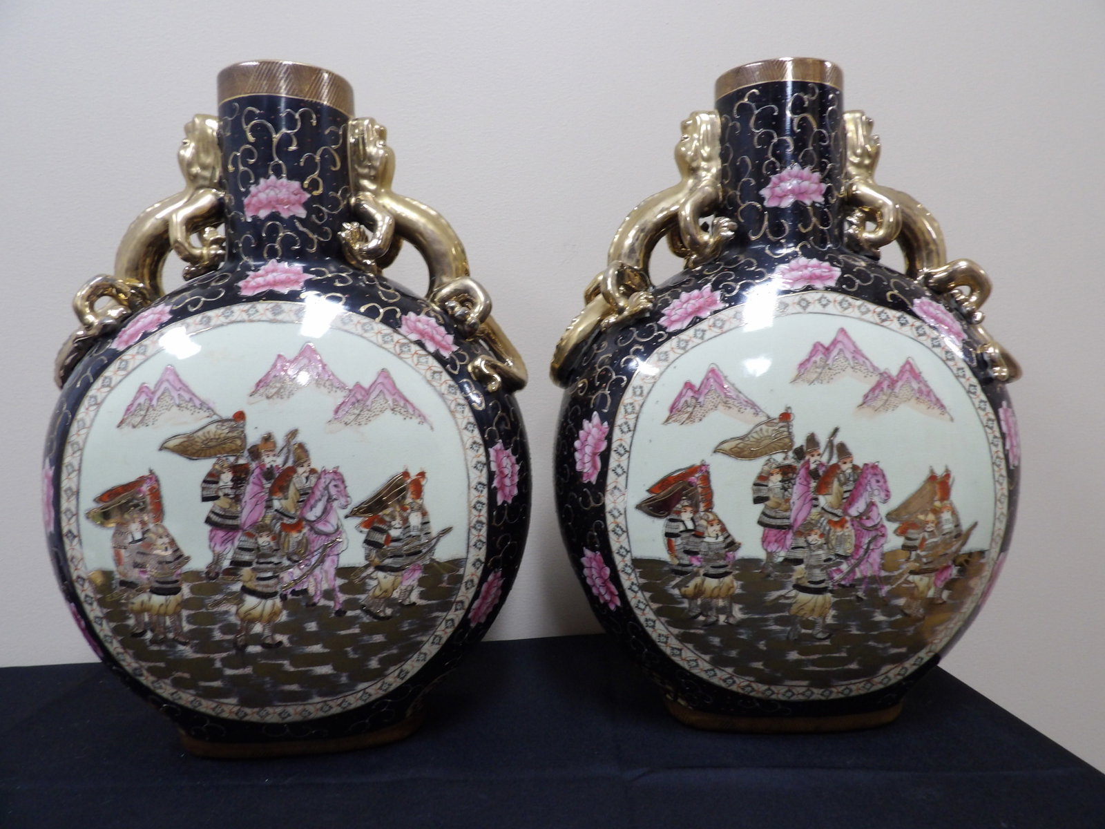 lot of 2 Chinese porcelain moon flask vase with gold lizard handles: Approx size is 13 x 7 x 18.5 inches.
