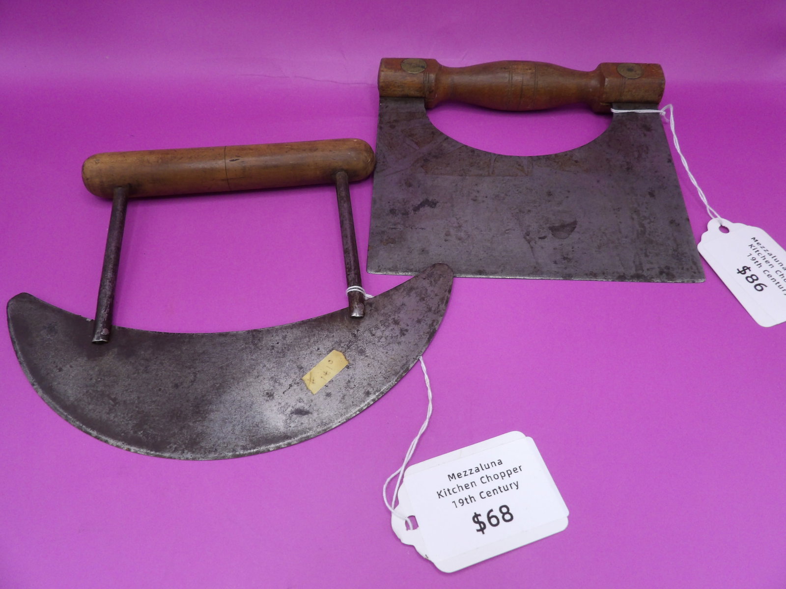 Mezzaluna lot of 2 19th century kitchen choppers: The longer one is 7.5 inches length.