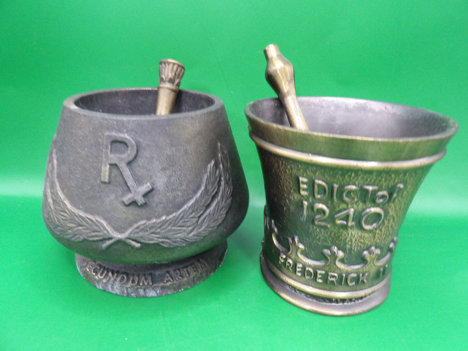 lot of 2 mortar and pestle with inscriptions: Taller one is 4 inches height. Total weight is 3.6 lbs.