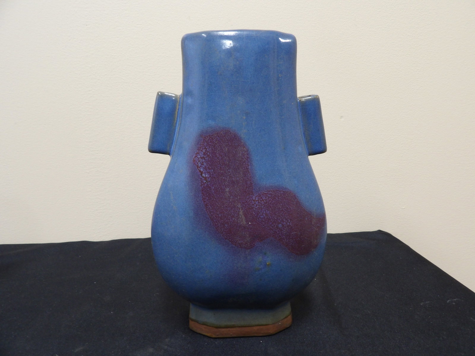 Chinese Jun kiln porcelain vase with ear handles: 9 inches height.