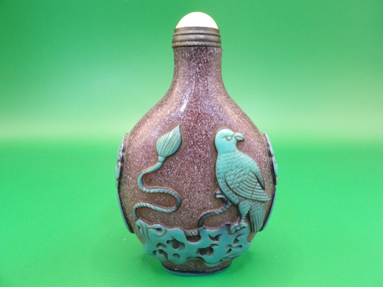 Chinese Qing dynasty overlay glass snuff bottle with mask handles: 2.9 inches height.