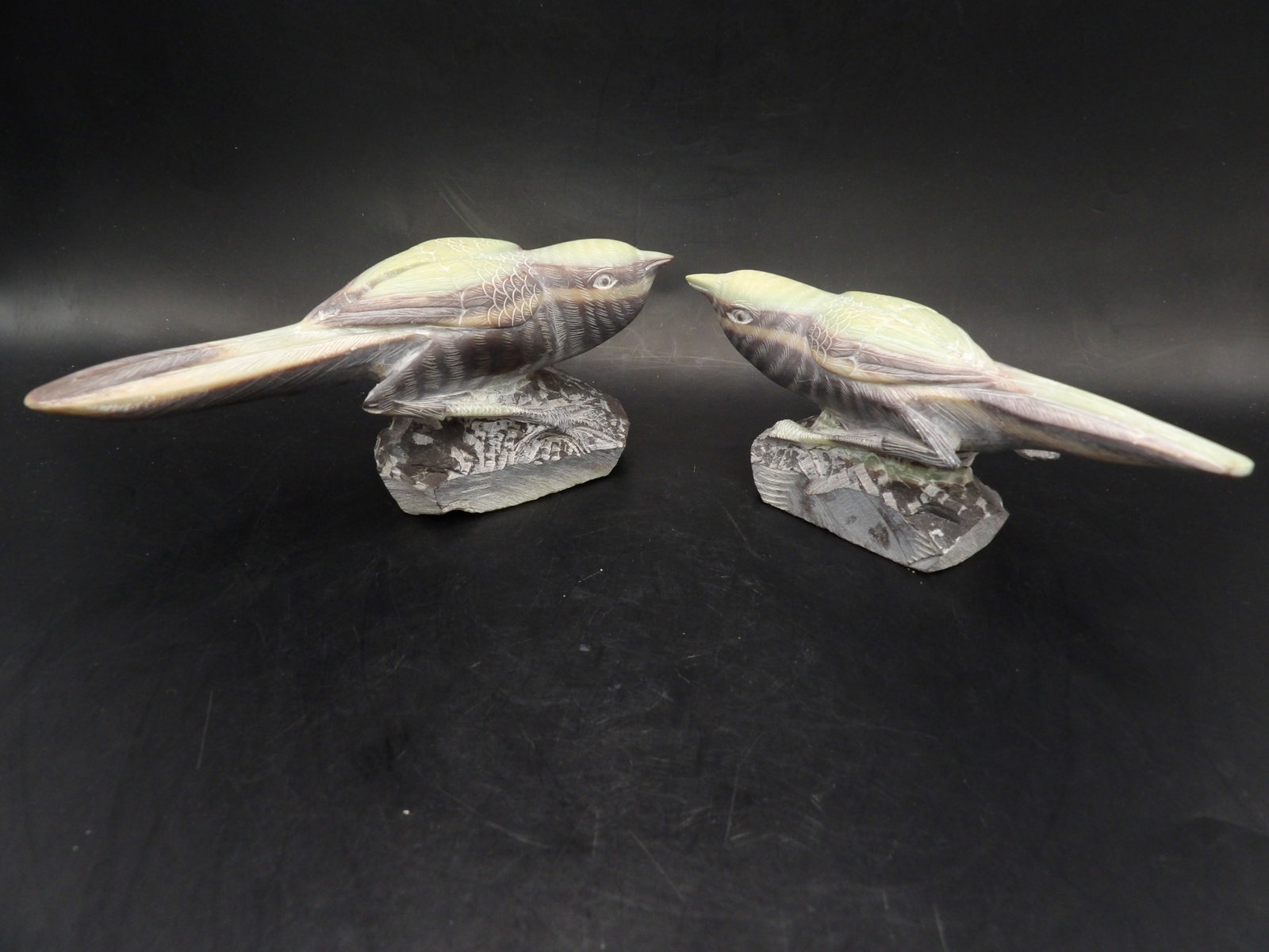 A pair of Chinese colorful stone bird carvings: The bigger stone bird is 5.7 inches length.
