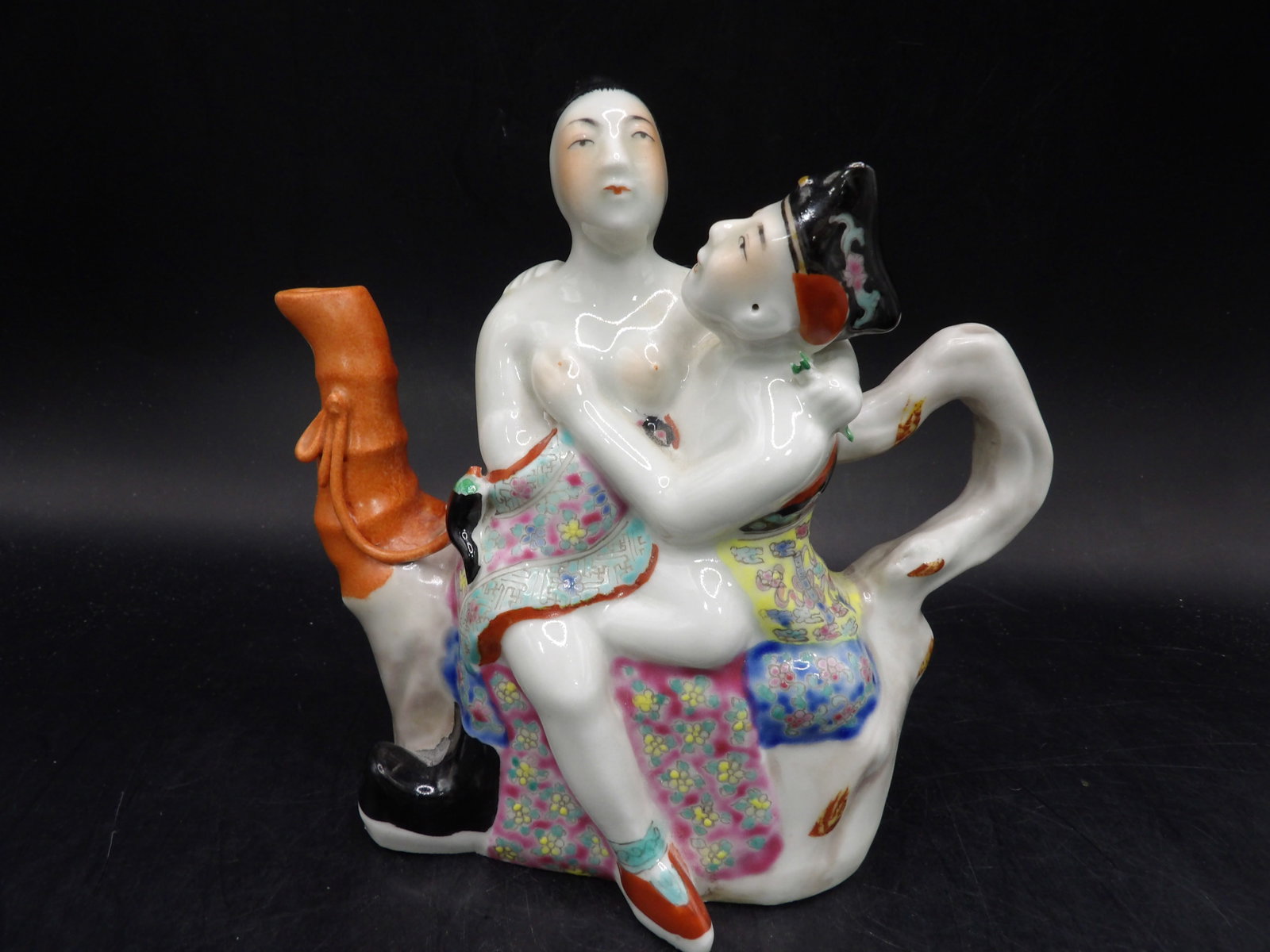 Chinese molded porcelain famille rose erotic teapot or vessel (1 of 6)