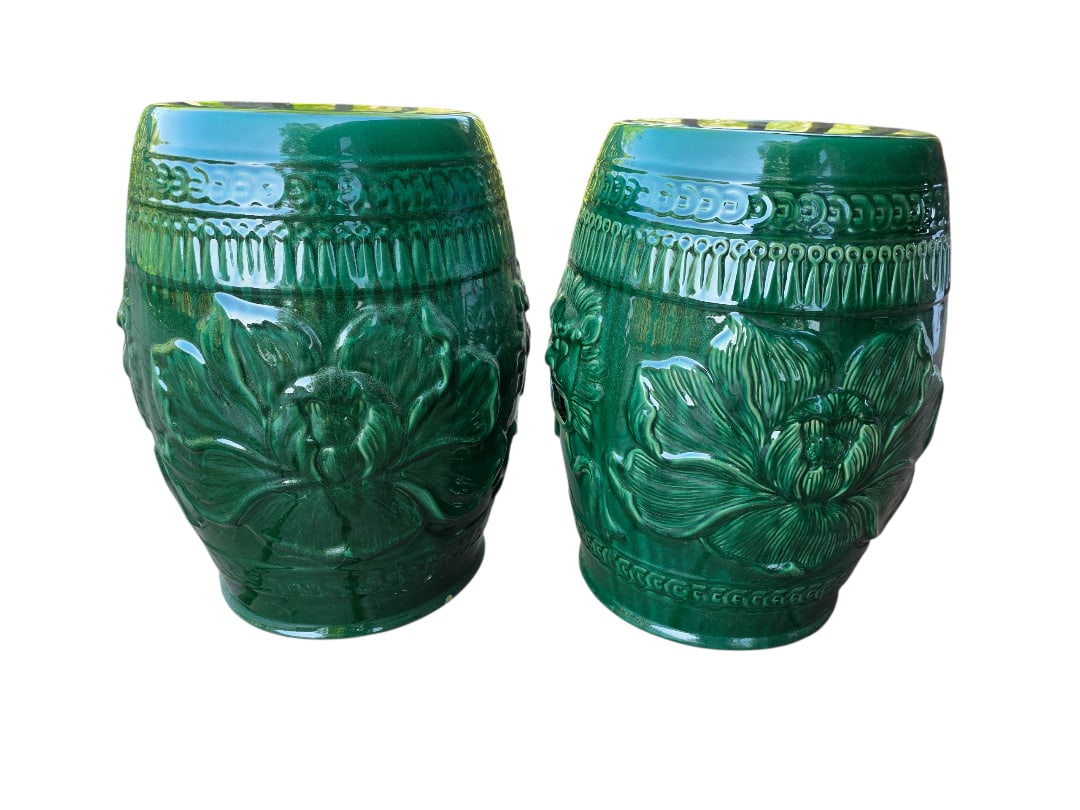 pair of green glazed floral and lion head pattern Chinese porcelain garden stools (1 of 6)