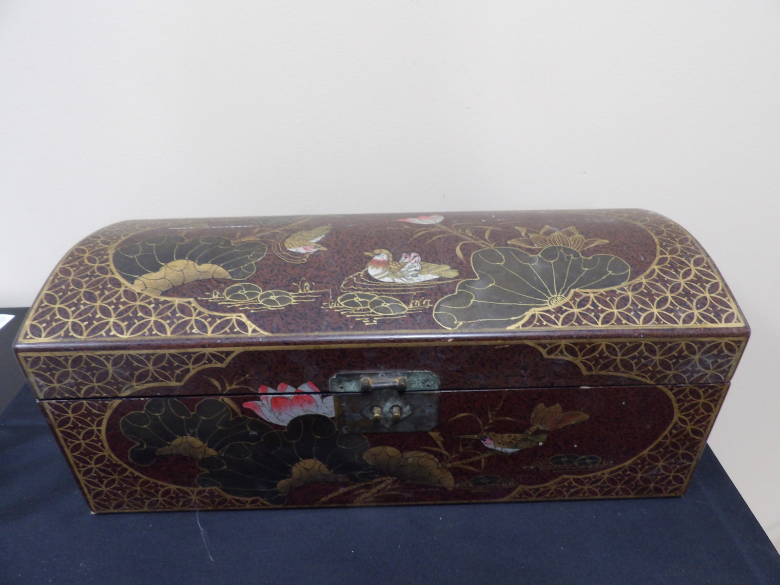Chinese lacquered box with lotus mandarin duck bird motifs: Approx. 20 inches length