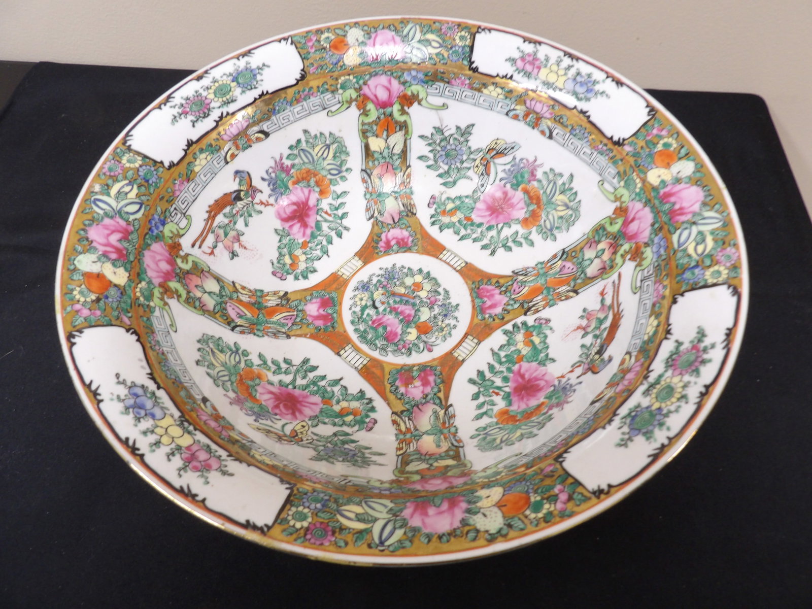 Chinese rose medallion porcelain large punch bowl: 13 inches bowl opening.