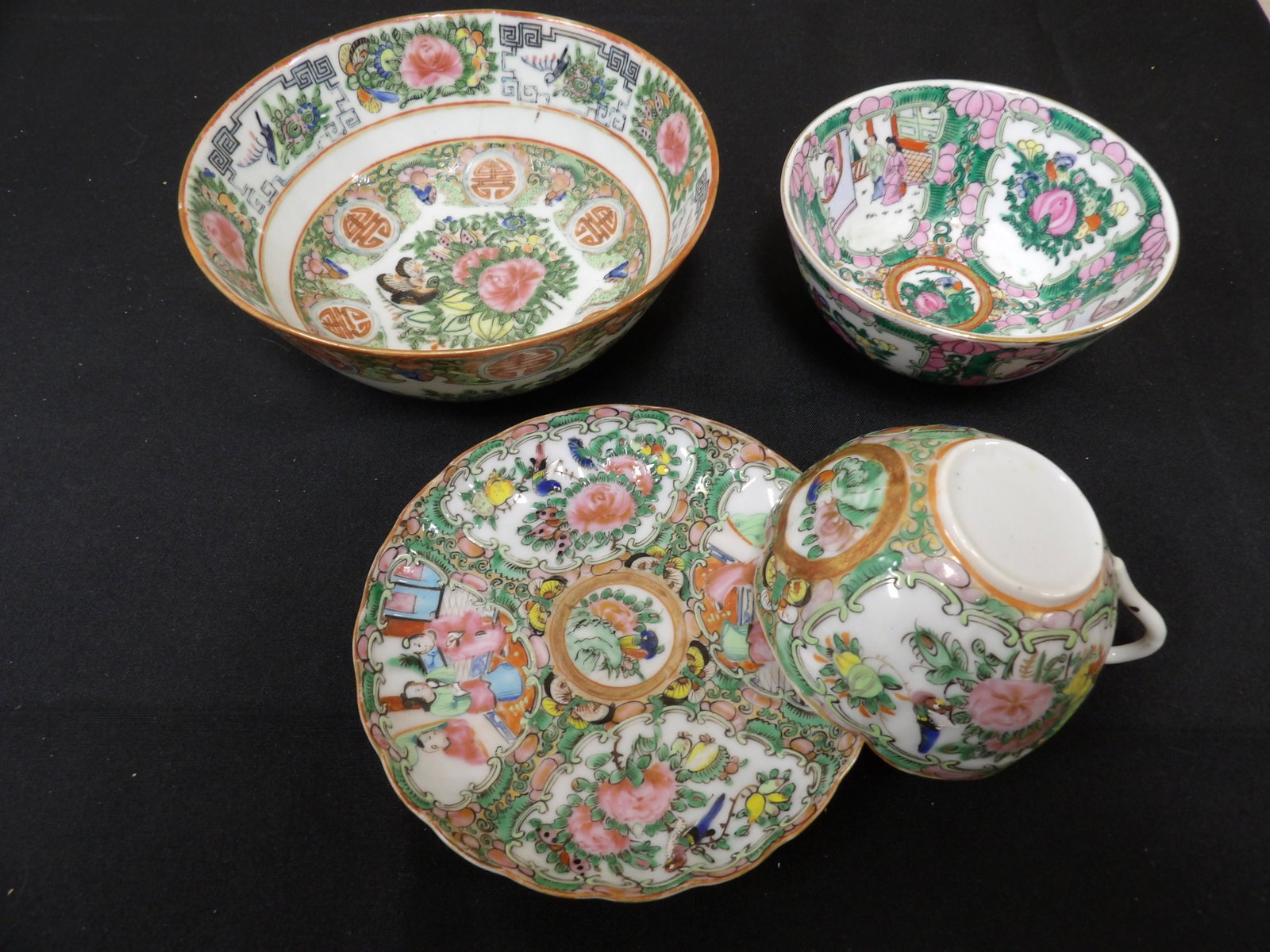 lot of 4 Chinese famille rose bowls, tea cup and saucer: Bigger bowl has 6 inches opening. We will inhouse ship items to you very affordable and efficient. Select self-arrange shipping.