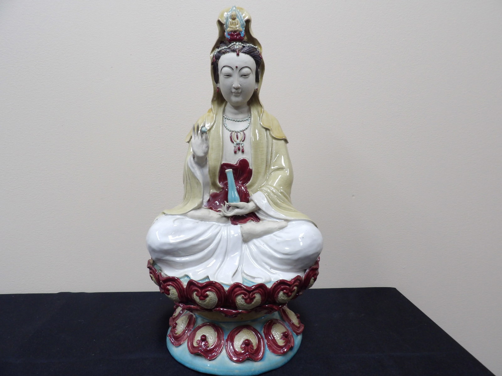 high quality Chinese earthenware Kwan Yin statue 17 inches height the Bodhisattva of Compassion: Great details of fingers, face and accessories. Maker's seal inside the bottom of the statue. Size is 9 x 10 x 17.5 inches. We will inhouse ship items to you very affordable and efficient. Select self