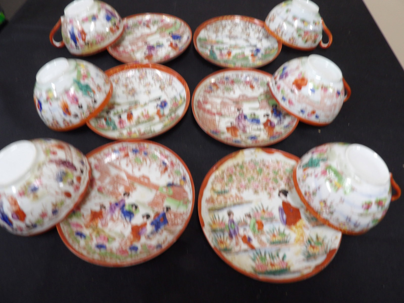 lot of 12 antique Japanese eggshell porcelain Geisha scene teacups and saucers circa 1920s: Saucer is 5.4 inches diameter. We will inhouse ship items to you very affordable and efficient. Select self-arrange shipping.