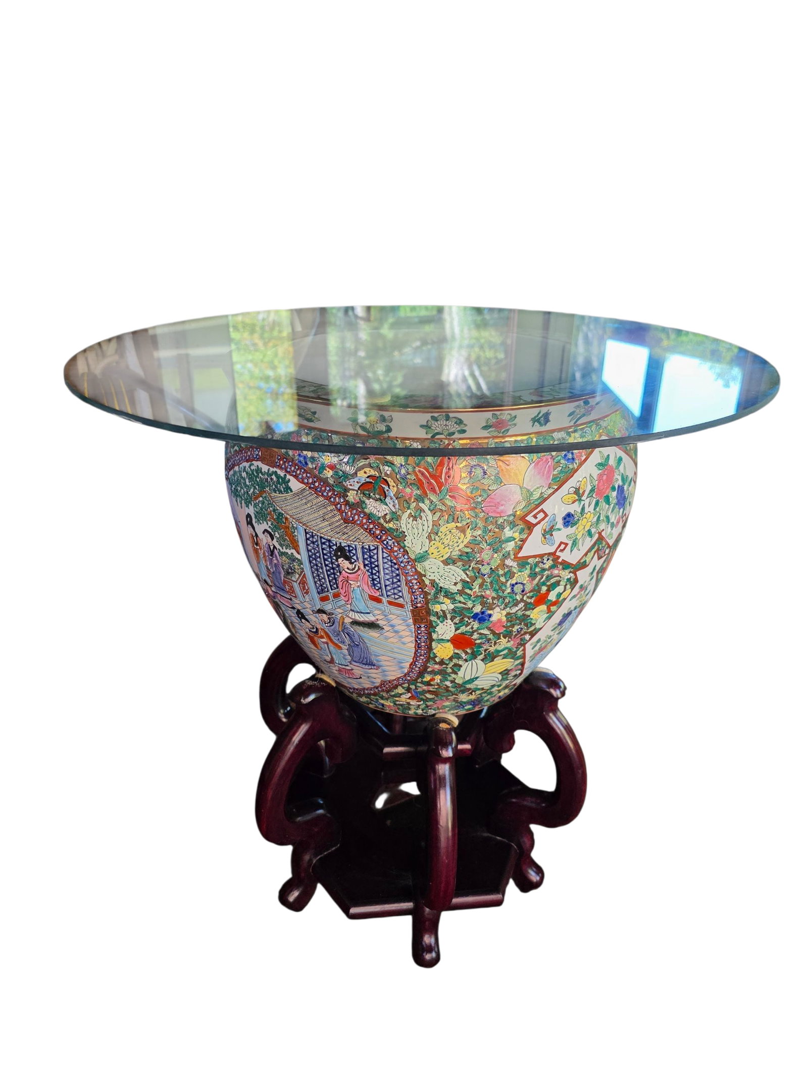 Chinese famille rose large pot made table with glass top signed Qing dynasty Qianlong: Glass top is 25 inches diameter. Entire table is 28 inches height including large wooden base. Glass top is removable. Can be used as fish bowl. We will inhouse ship items to you very affordable and e