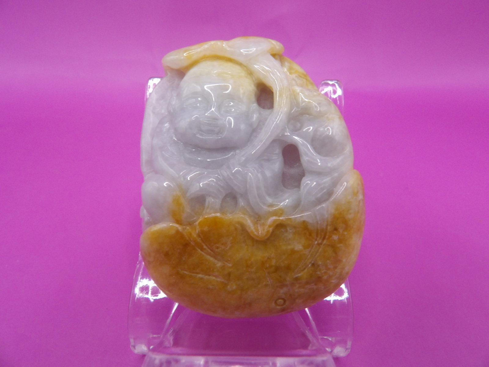 Chinese jadeite jade carved boy holding lotus leaf pendant: 2 inches height. 53 grams. We will inhouse ship items to you very affordable and efficient. Select self-arrange shipping.