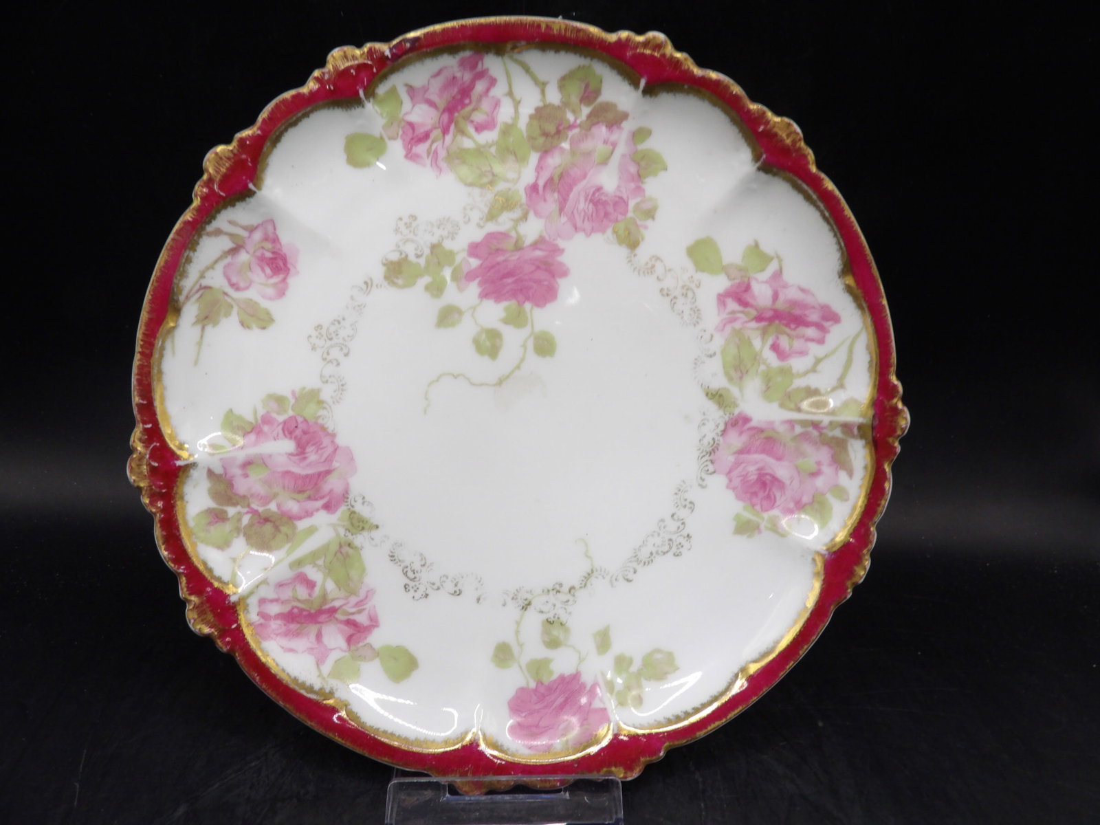 R.C. Bavaria Claire porcelain plate with pink rose and gold trim: 7.7 inches diameter. We will inhouse ship items to you very affordable and efficient. Select self-arrange shipping.
