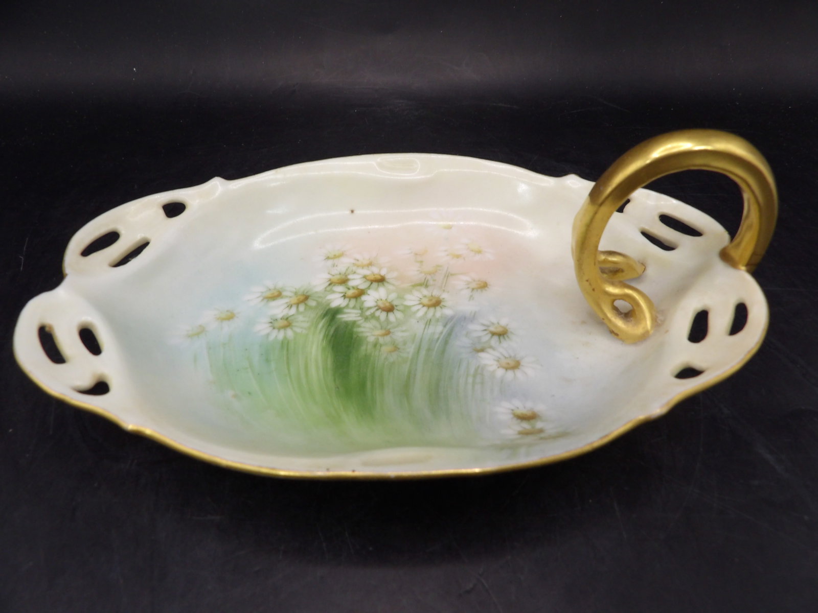antique Bavaria porcelain trinket dish with lily of the valley and gold handle: 6.5 inches length. We will inhouse ship items to you very affordable and efficient. Select self-arrange shipping.