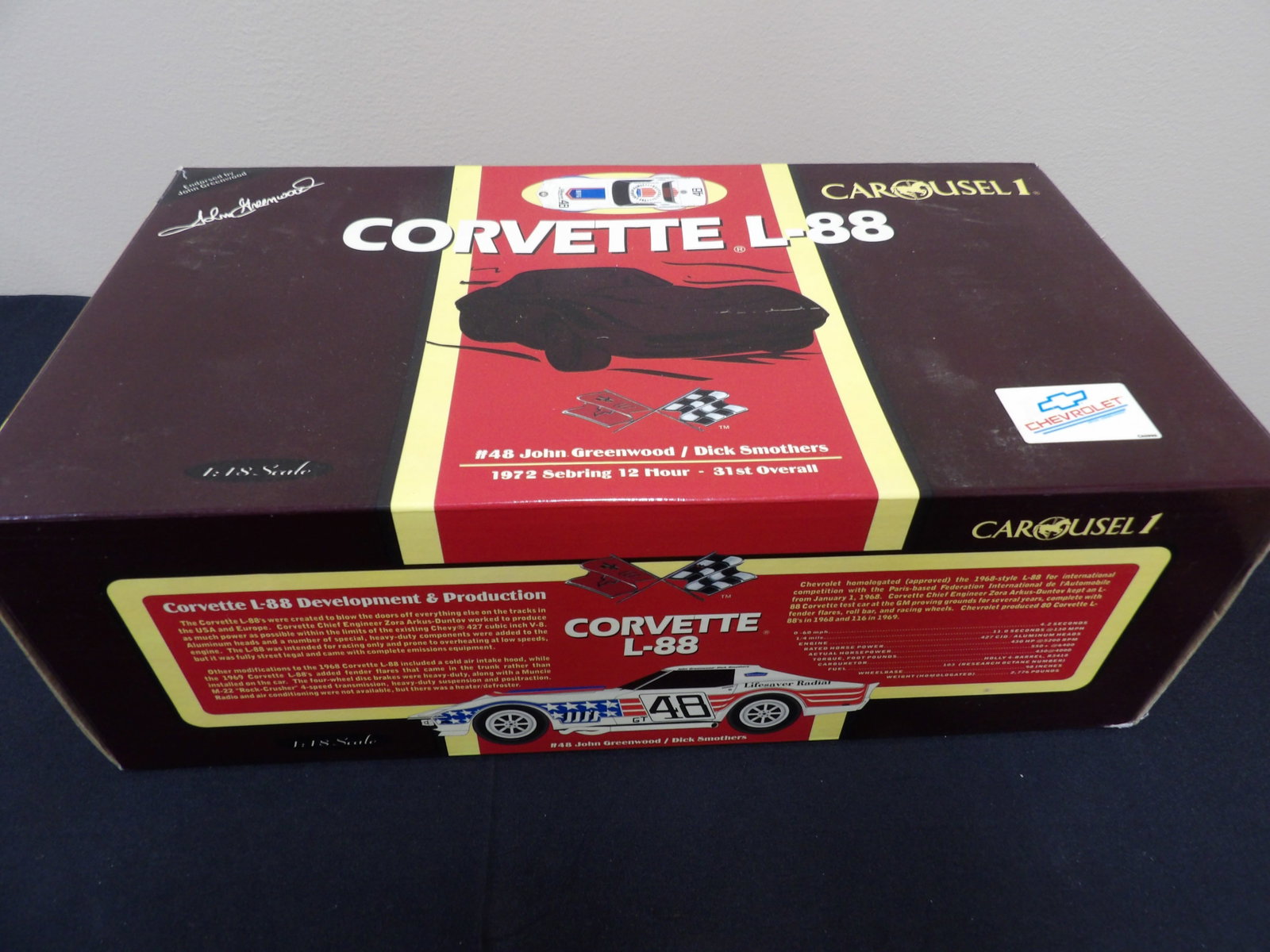 Carousel Chevrolet Corvette L-88 John Greewood/Dick Somthers: 9.5 inches length scale car in 13.5 inches length box. We will inhouse ship items to you very affordable and efficient. Select self-arrange shipping.