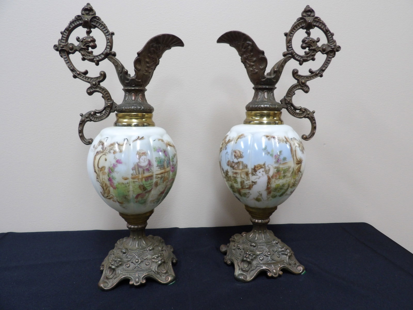 A pair of hand painted Wave Crest glass brass mantel ewers or tall urns circa 1900's: 15.4 inches height. Unmarked. We will inhouse ship items to you very affordable and efficient. Select self-arrange shipping.