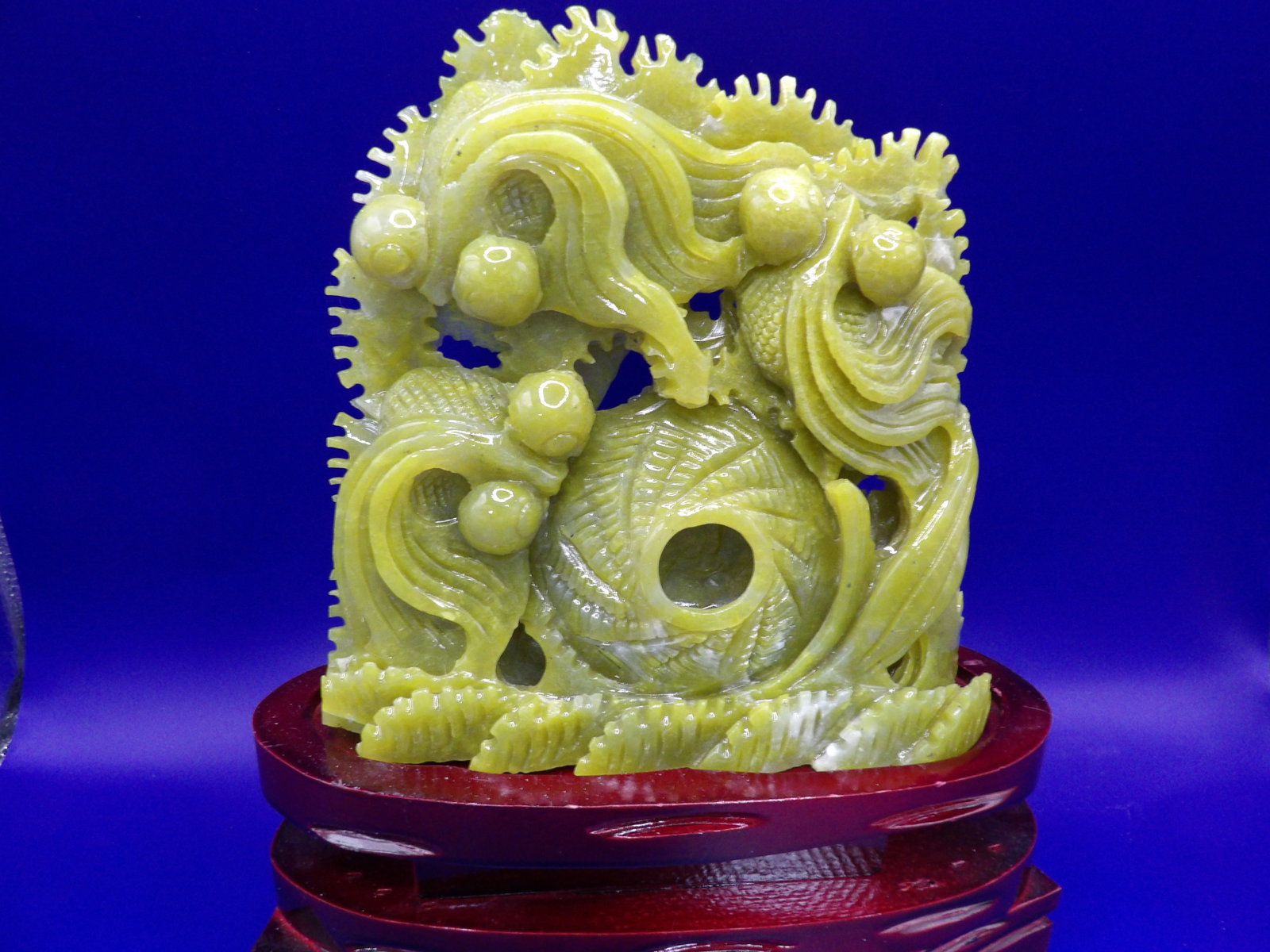 Chinese carved dragon jade statue with wooden base (1 of 5)
