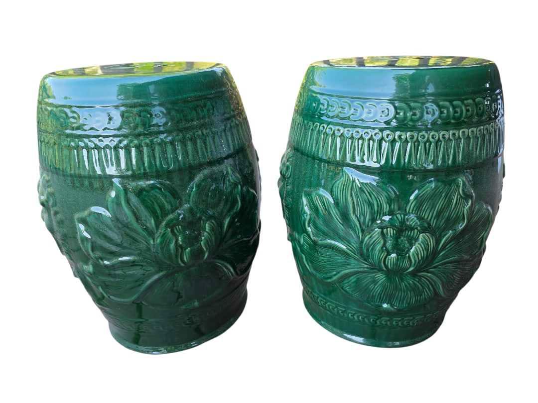 pair of green glazed floral and lion head pattern Chinese porcelain garden stools (1 of 6)