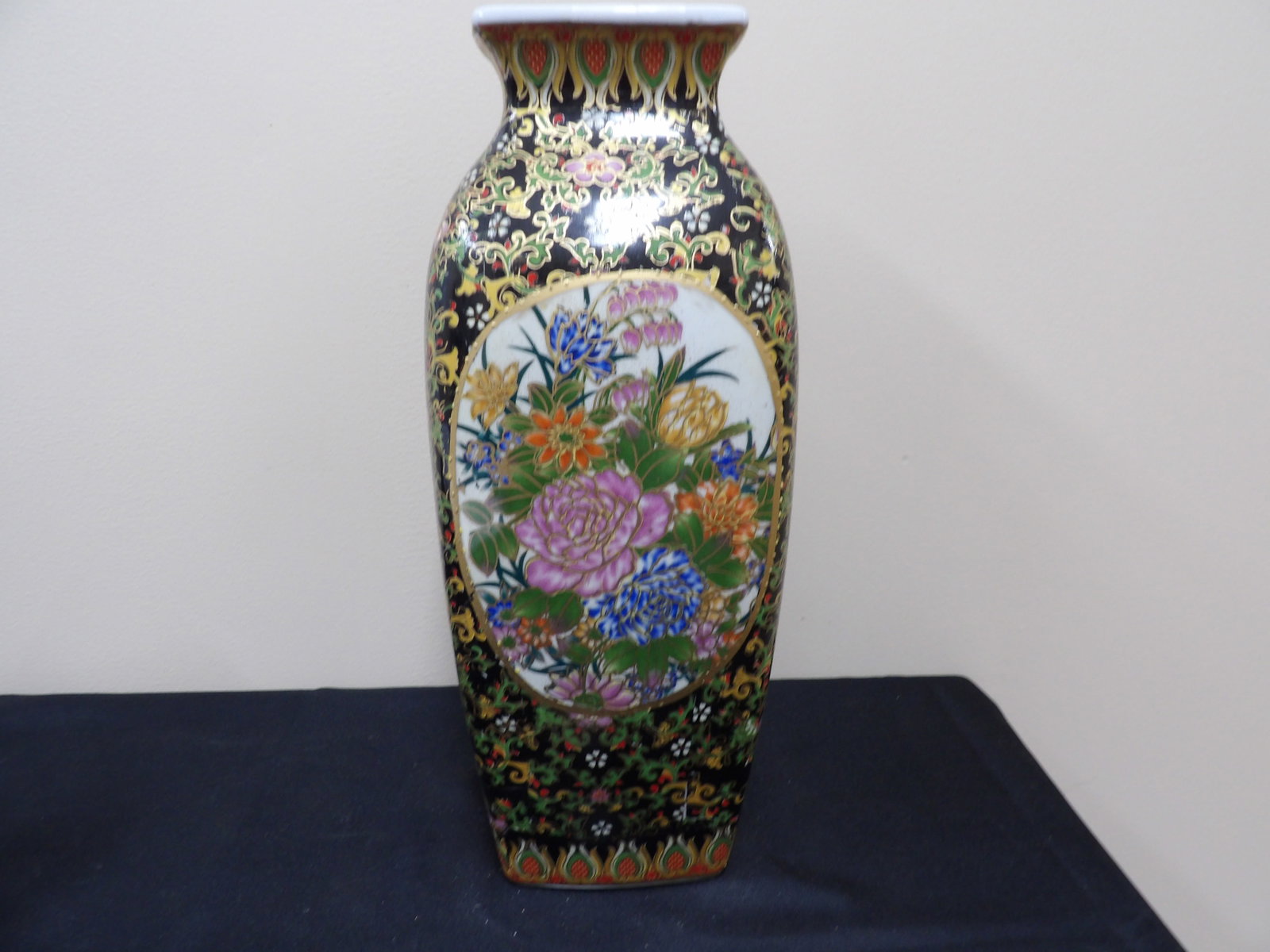 ornate hand painted Chinese porcelain vase with floral motifs and gold accents: 16 inches height. We will inhouse ship items to you very affordable and efficient. Select self-arrange shipping.