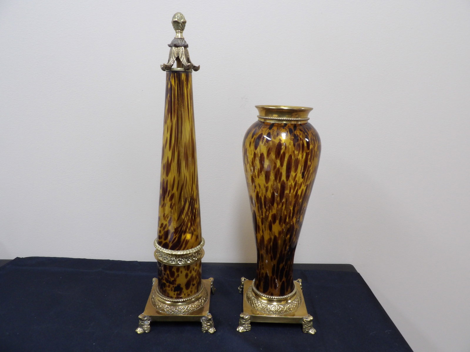 pair of Bombay Co tortoise-shell pattern glass vase and obelisk with brass bases (1 of 7)