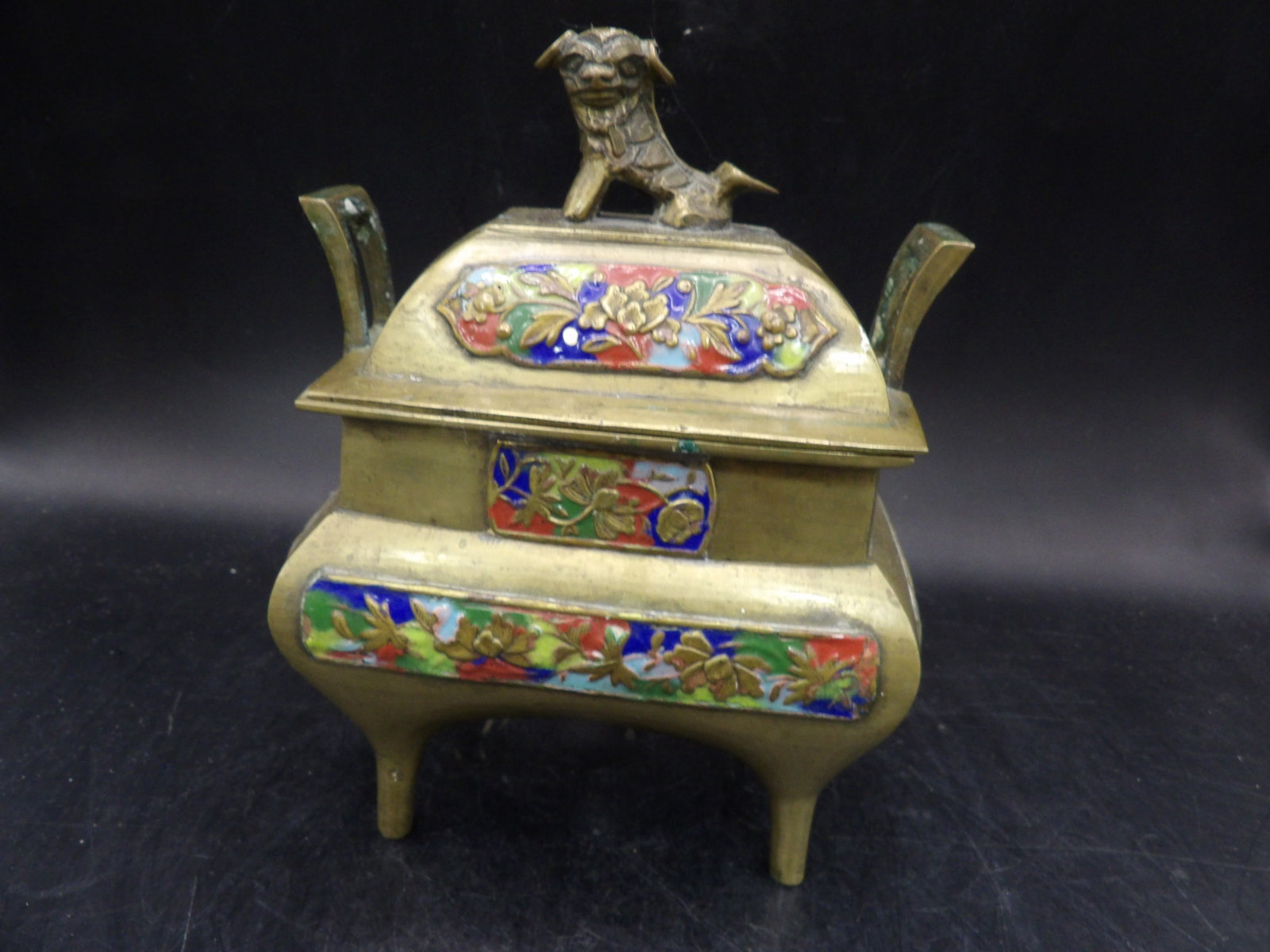 antique Chinese enameled bronze/brass incense burner foo dog finial with Qing dynasty Qianlong mark (1 of 6)