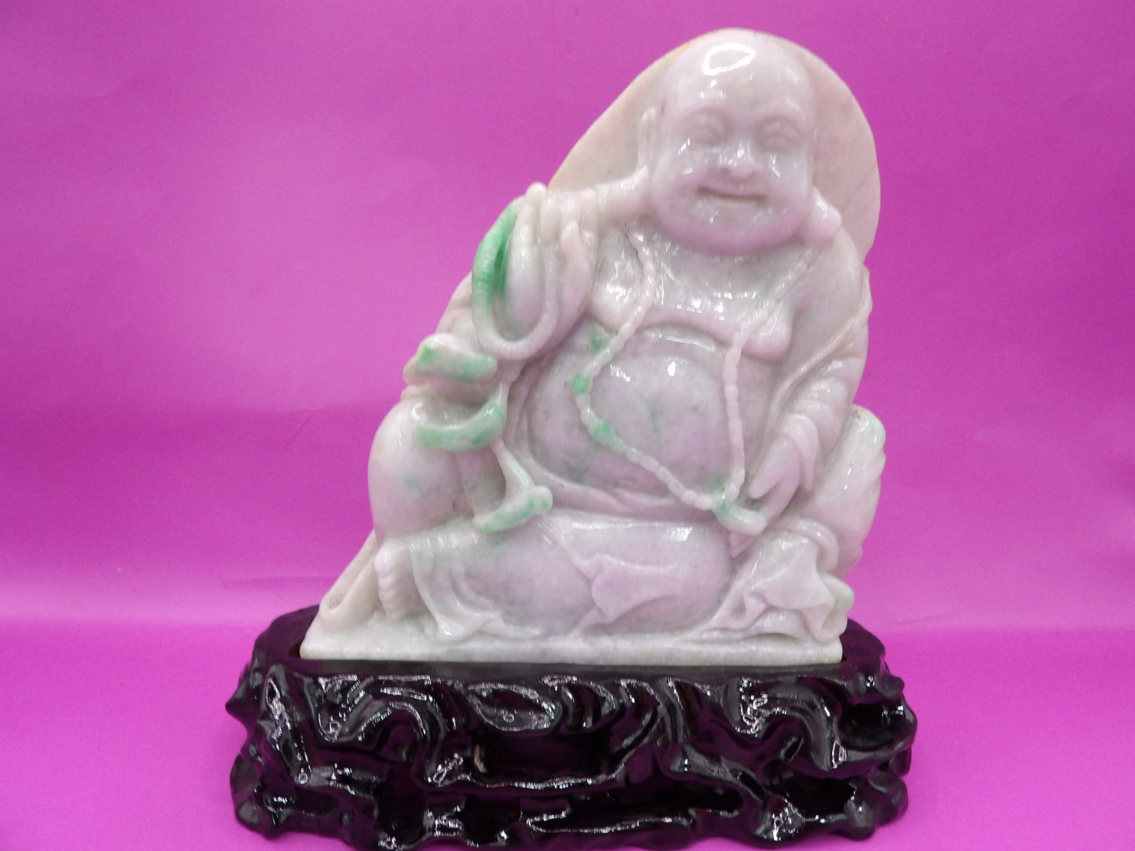 Chinese carved jadeite jade buddha statue on wood base (1 of 6)