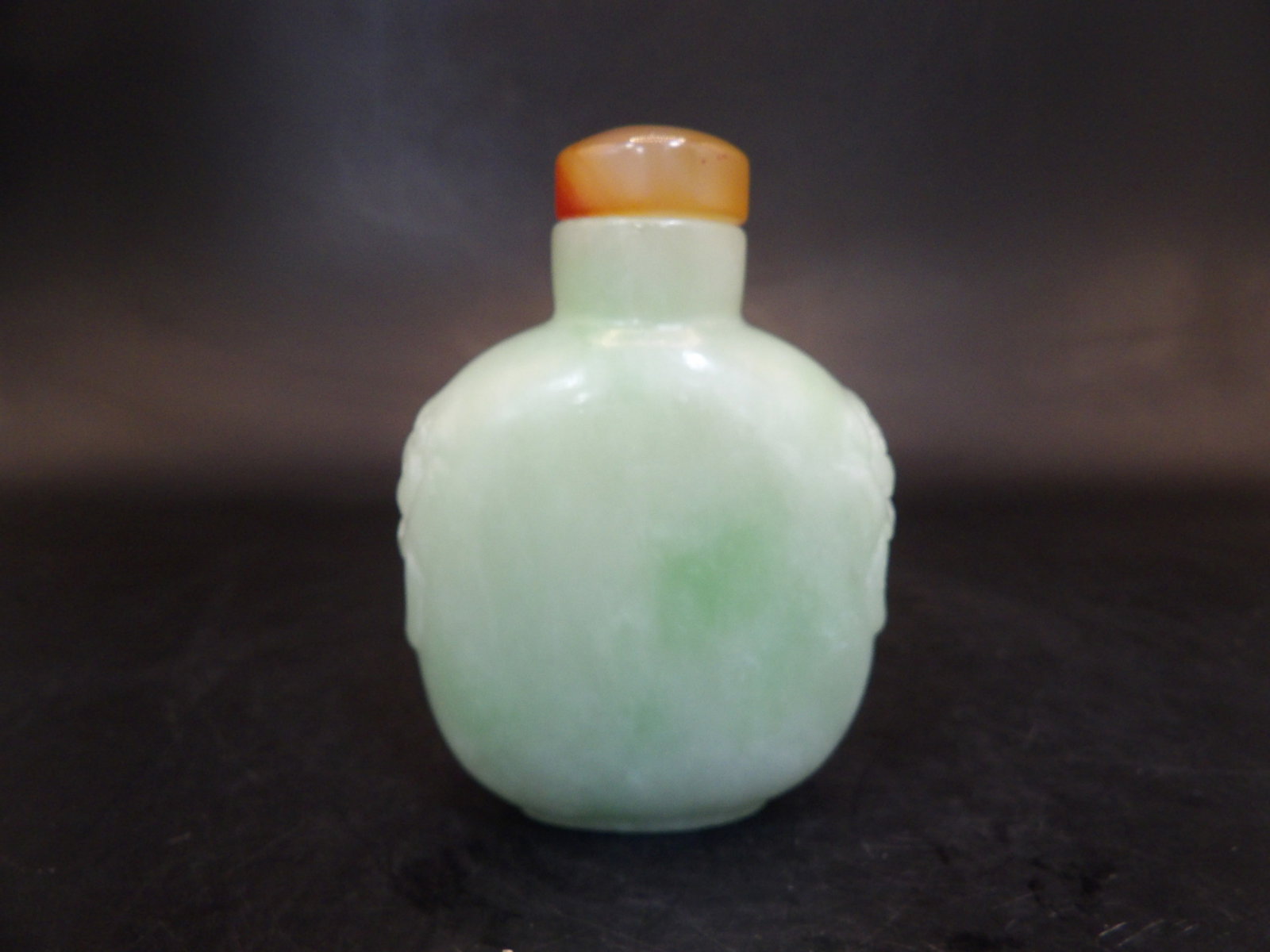antique carved Chinese celadon jade snuff bottle with mask handles: 2.6 inches height. We will inhouse ship items to you very affordable and efficient. Select self-arrange shipping.
