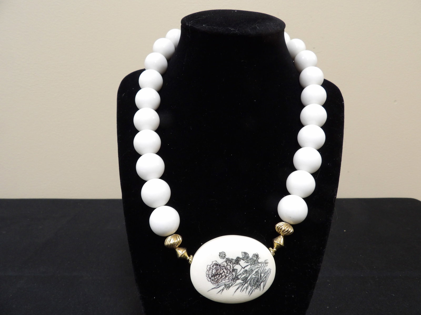 beaded necklace with carved natural material pendant - No Export: 18 inches length. No international shipping. We will inhouse ship items to you very affordable and efficient. Select self-arrange shipping.