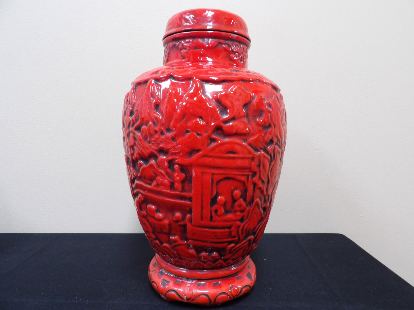 Chinese red glazed cinnabar looking ceramic lidded ginger jar: Approx. 14 inches height. We will inhouse ship items to you very affordable and efficient. Select self-arrange shipping.