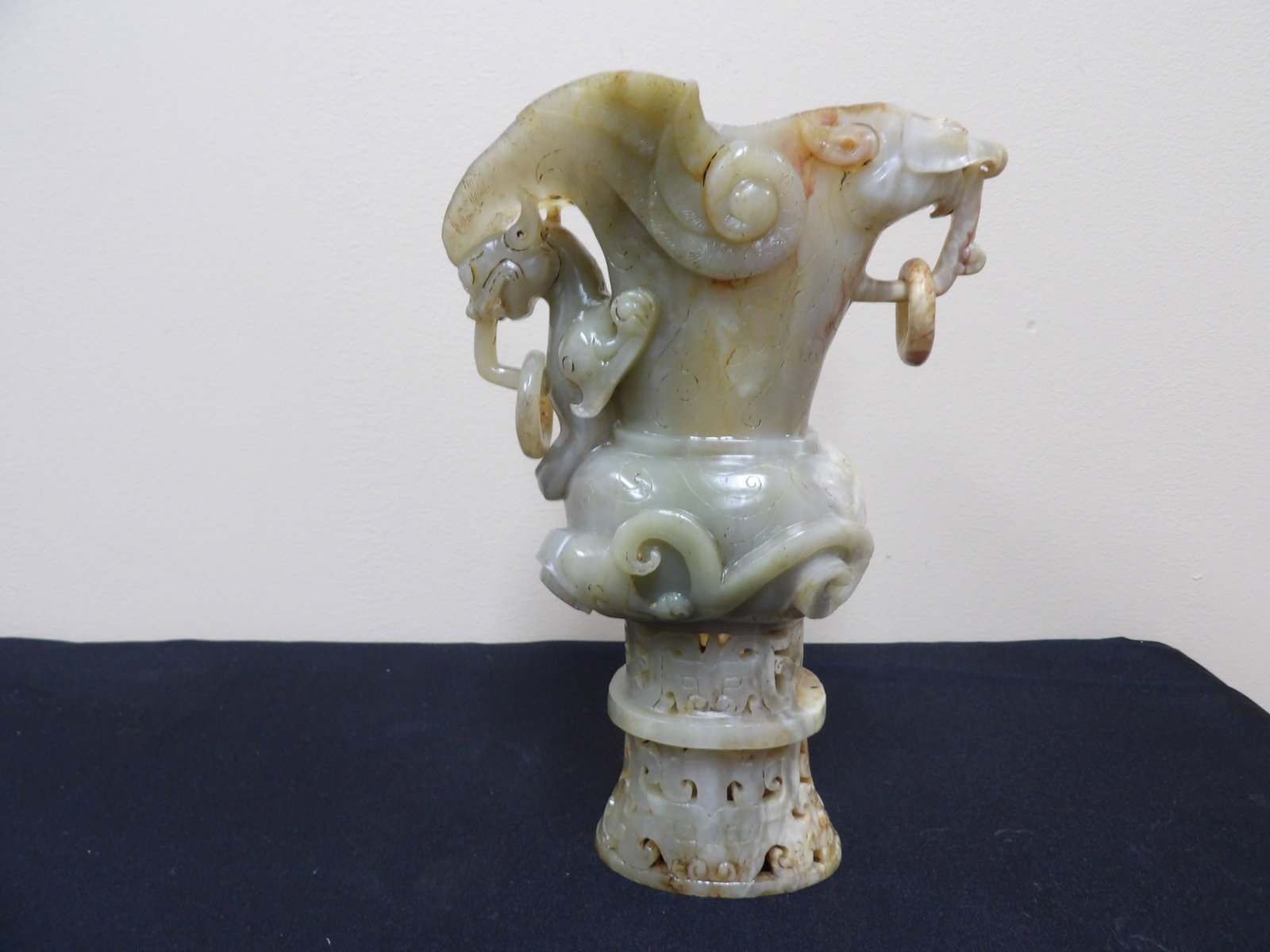 Chinese carved jade zoomorphic vessel with handles and rings: 9.3 inches height. 1664 grams. We will inhouse ship items to you very affordable and efficient. Select self-arrange shipping.