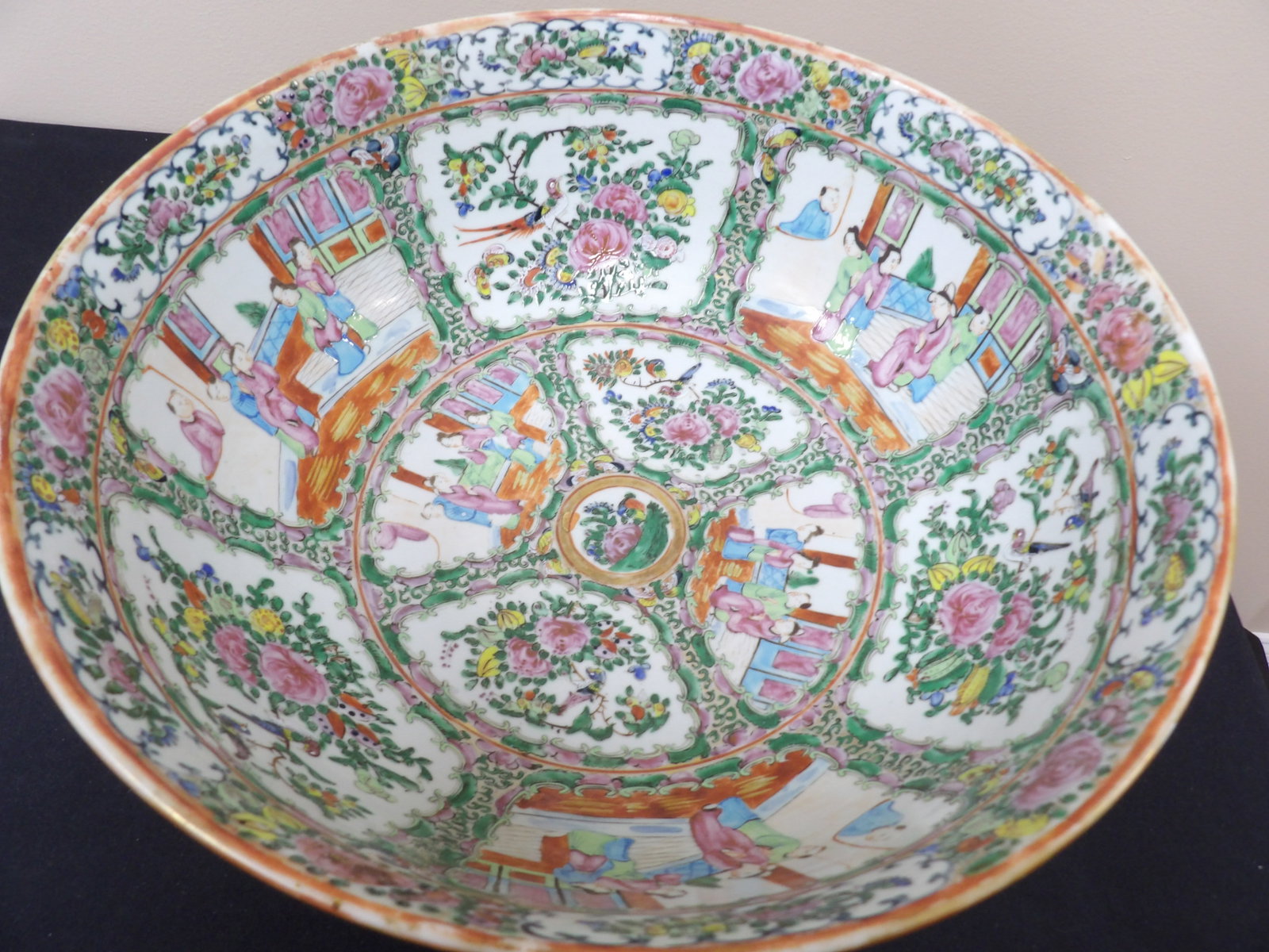 rare antique 18th/19th century Chinese famille rose extra large punch bowl: Size is 15.5 x 15.5 x 6.4 inches not including wooden base. We will inhouse ship items to you very affordable and efficient. Select self-arrange shipping.