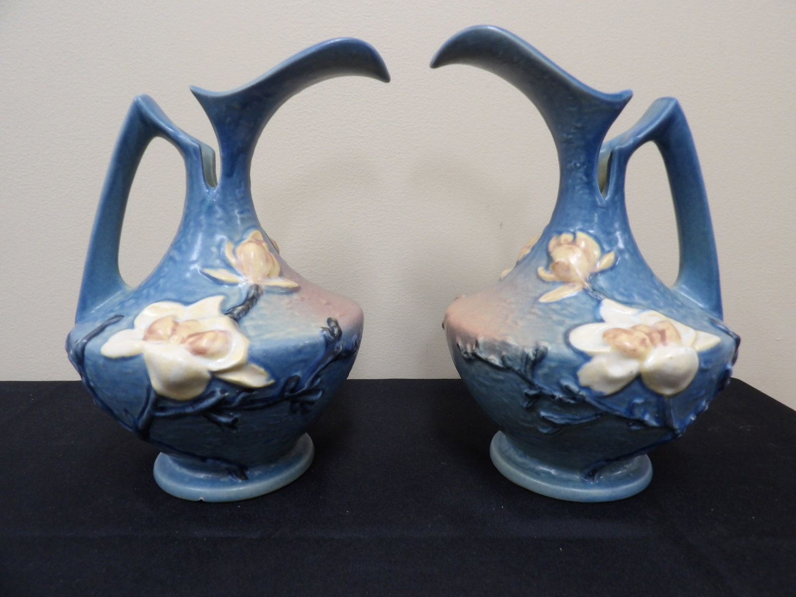 pair of Roseville Pottery magnolia pattern ewer pitchers circa 1937 (1 of 5)