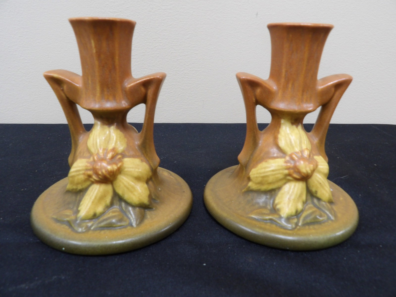 pair of Roseville Pottery Clematis candle holders: 4.7 inches height.