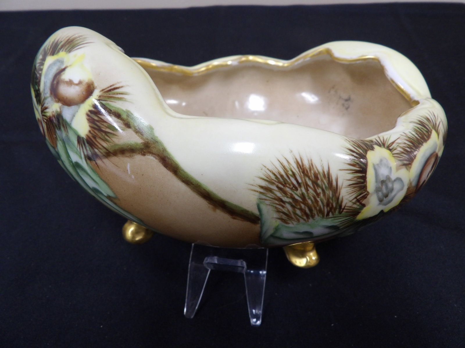 antique Austrian porcelain footed bowl with pinecone motifs late 19th century: Approx. 8 inches length.
