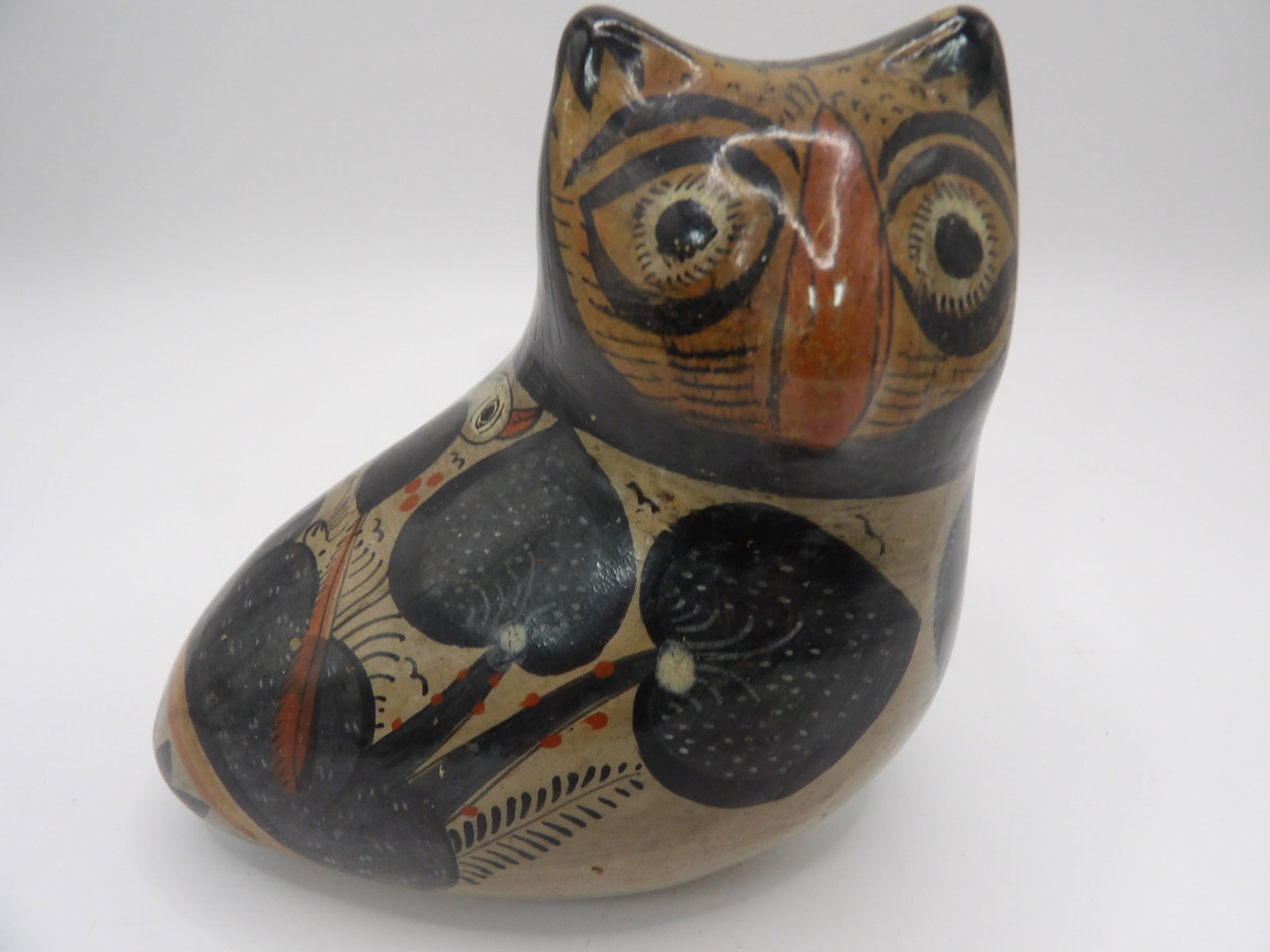 Mexican Tonala pottery owl figurine: 4.5 inches length.