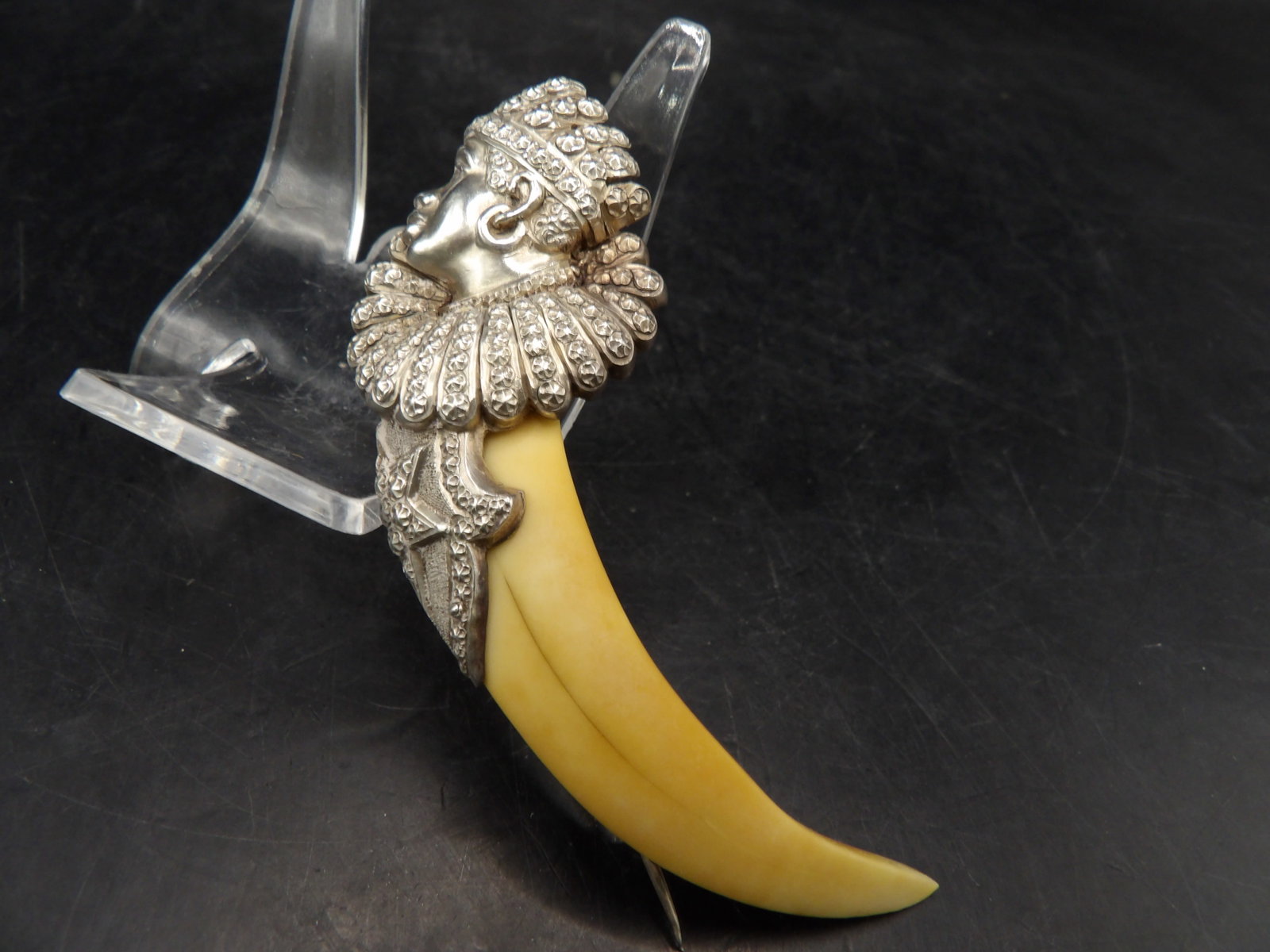 antique Victorian boar's tooth brooch with figural Blackamoor head: 3.3 inches length.