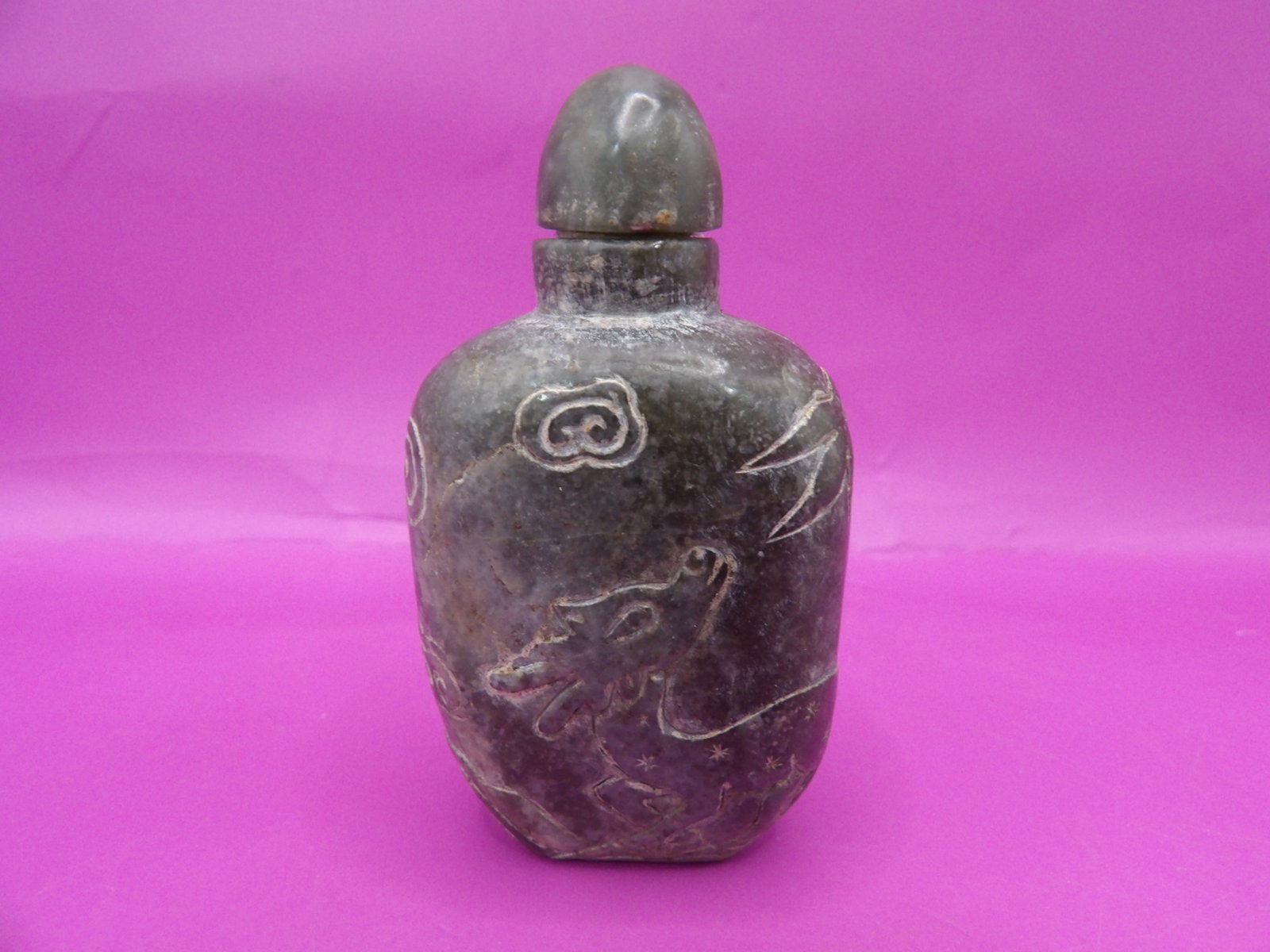 Chinese stone carved snuff bottle with deer and tree motifs: 2.9 inches height.