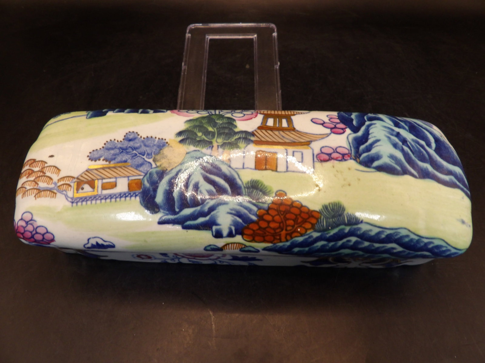 antique English stone China cottage garden rectangular lidded porcelain box: 6.6 inches length.
