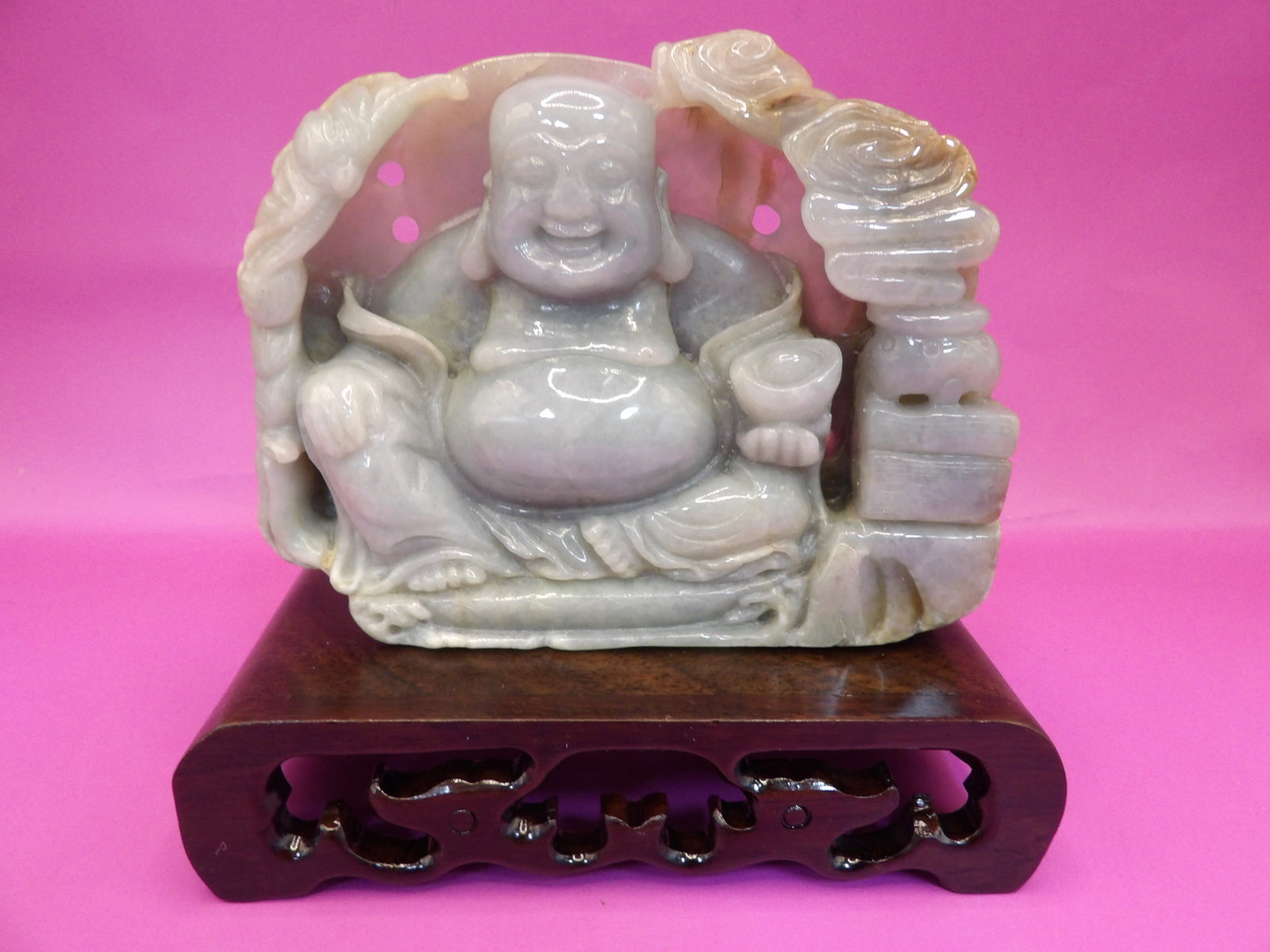 Chinese jadeite jade carved laughing buddha holding ingot statue: 5 inches length. 666 grams.