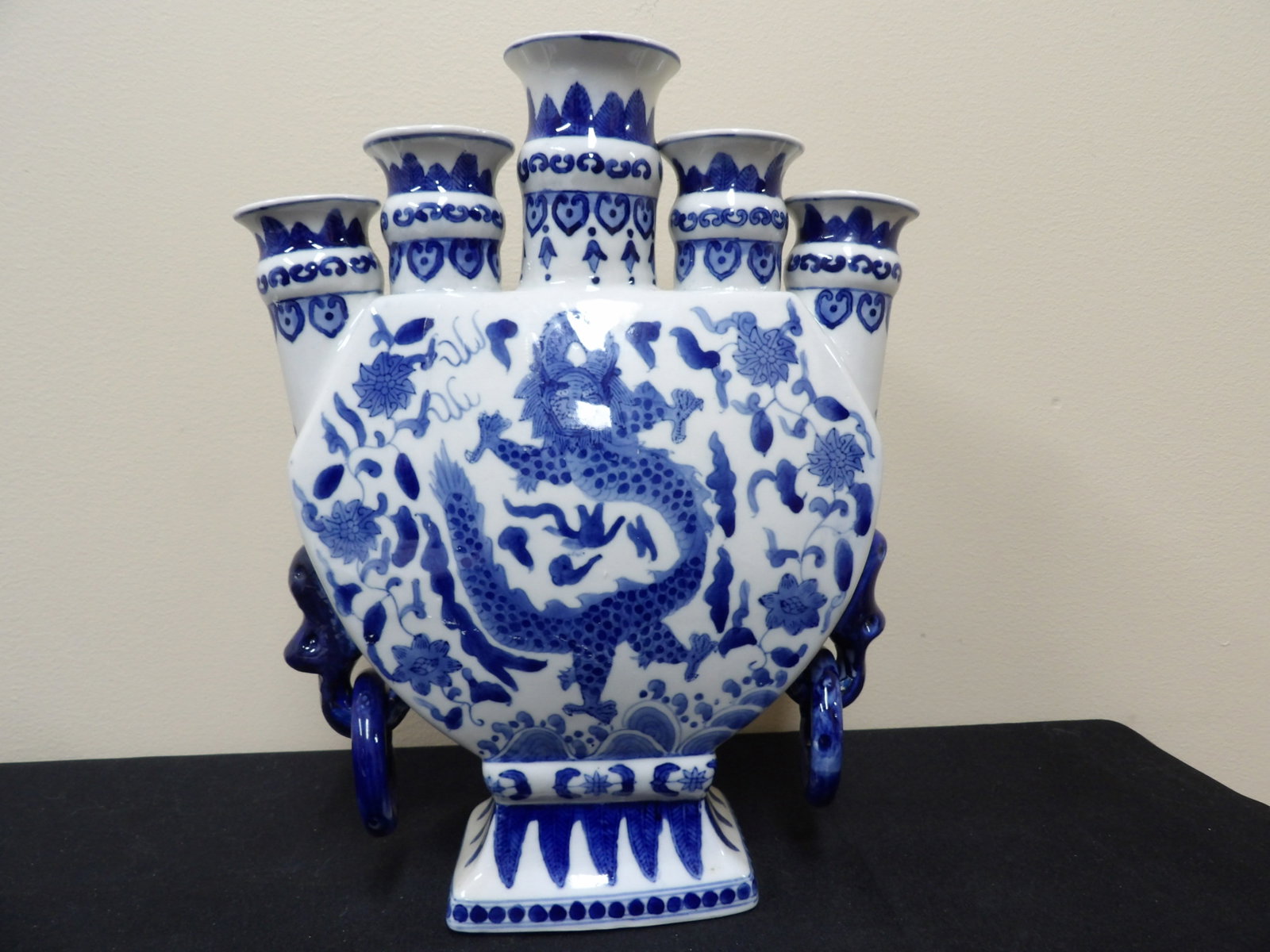 Chinese blue and white porcelain dragon motif tulip vase: 12 inches height.