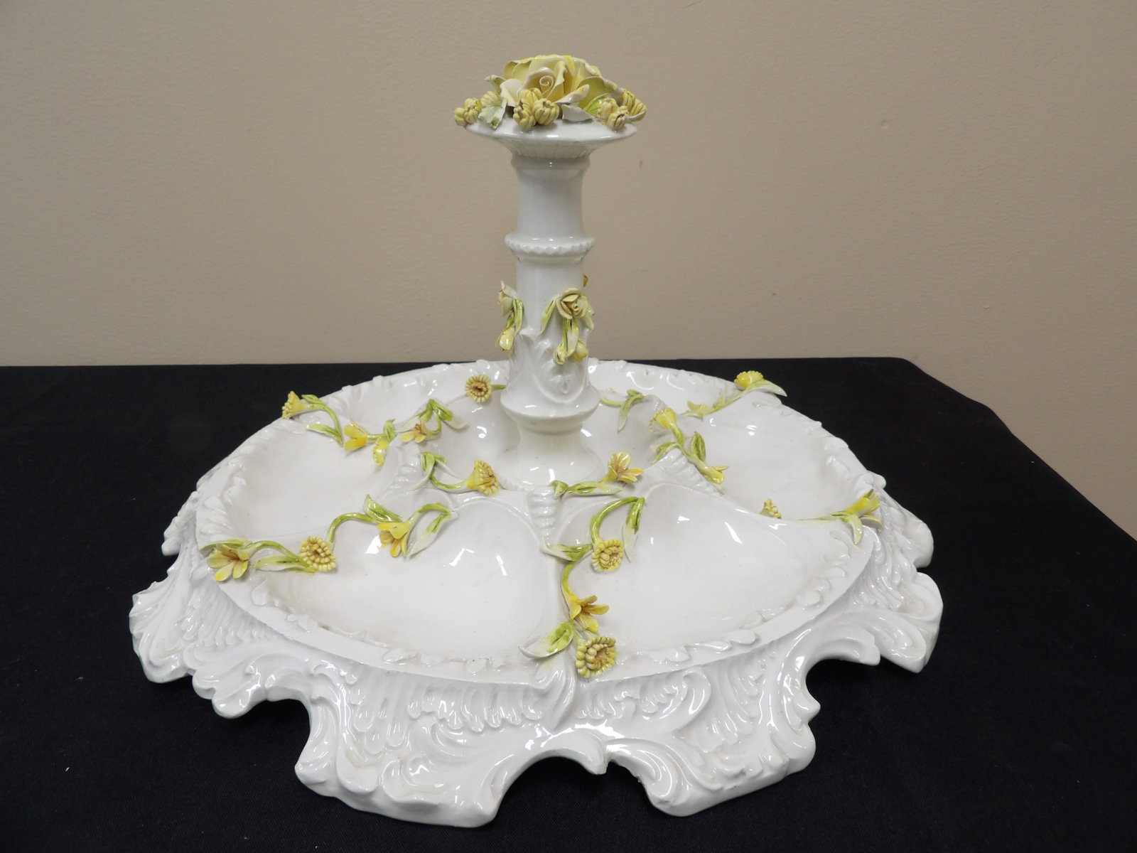 Italian ornate porcelain tiered compote with applied floral decorations: Approx size is 14 x 14 x 8 inches.
