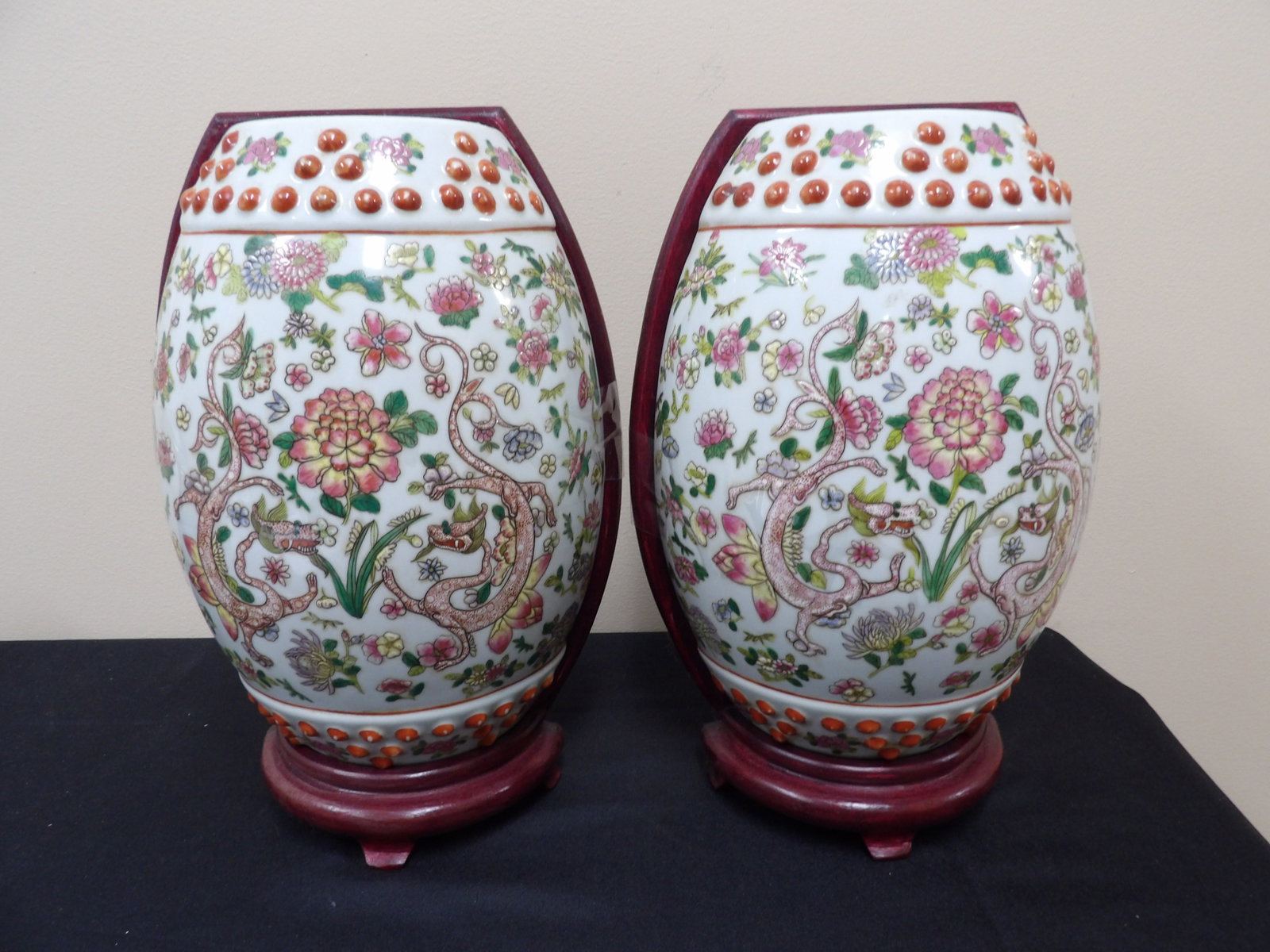 pair of Chinese Qing dynasty Jiaqing mark porcelain wall vases dragon motif and custom wood frames: Over 13 inches height including custom wood frame. With dragon and floral motifs.