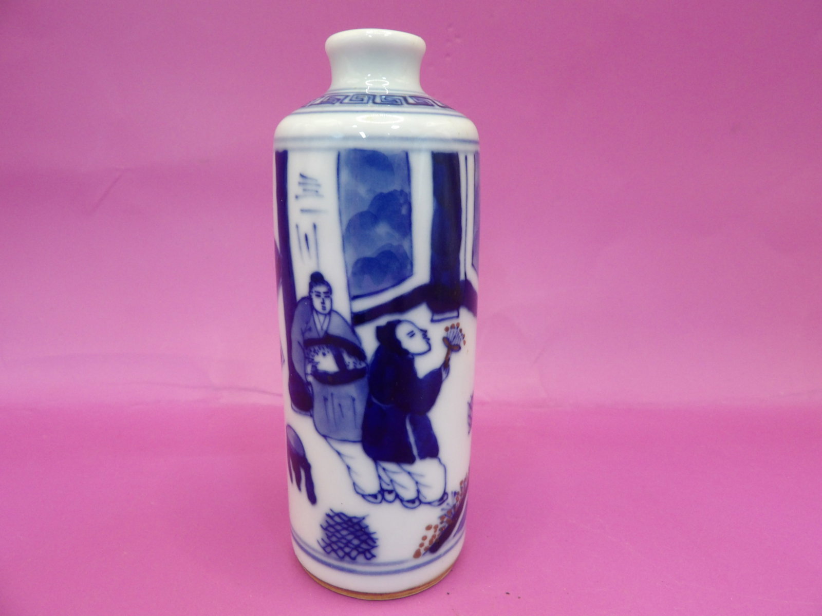 Chinese blue white red glazed porcelain tall snuff bottle with figural scene signed: 3.6 inches height.