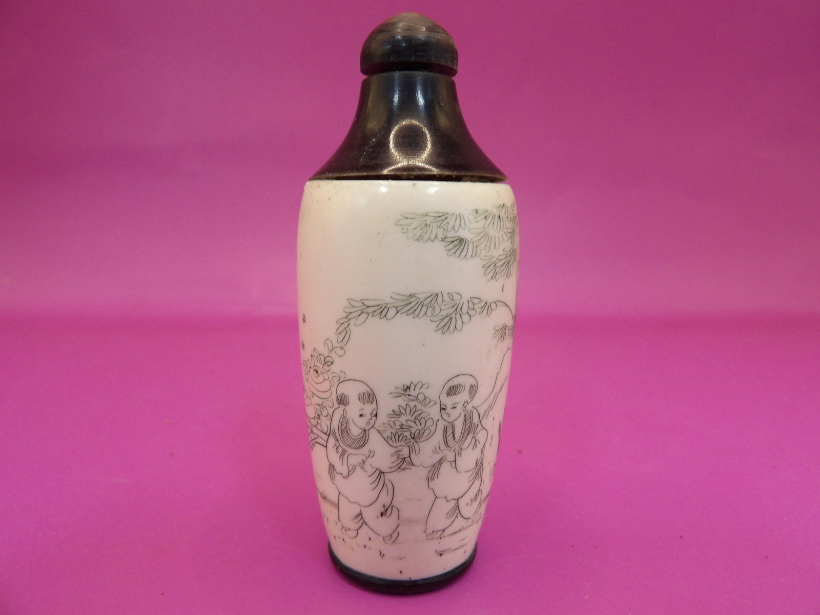 antique Chinese bone carved snuff bottle with children playing scene and landscape decoration: 2.7 inches height.