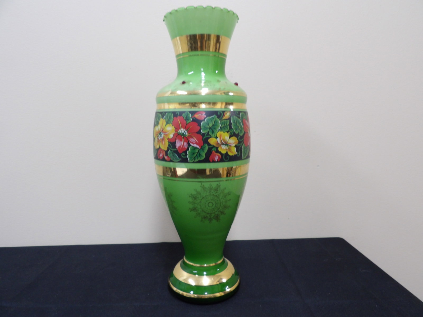 24k gold opalescent green Venetian glass vase with hand painted flowers and jewels: 16.5 inches height.