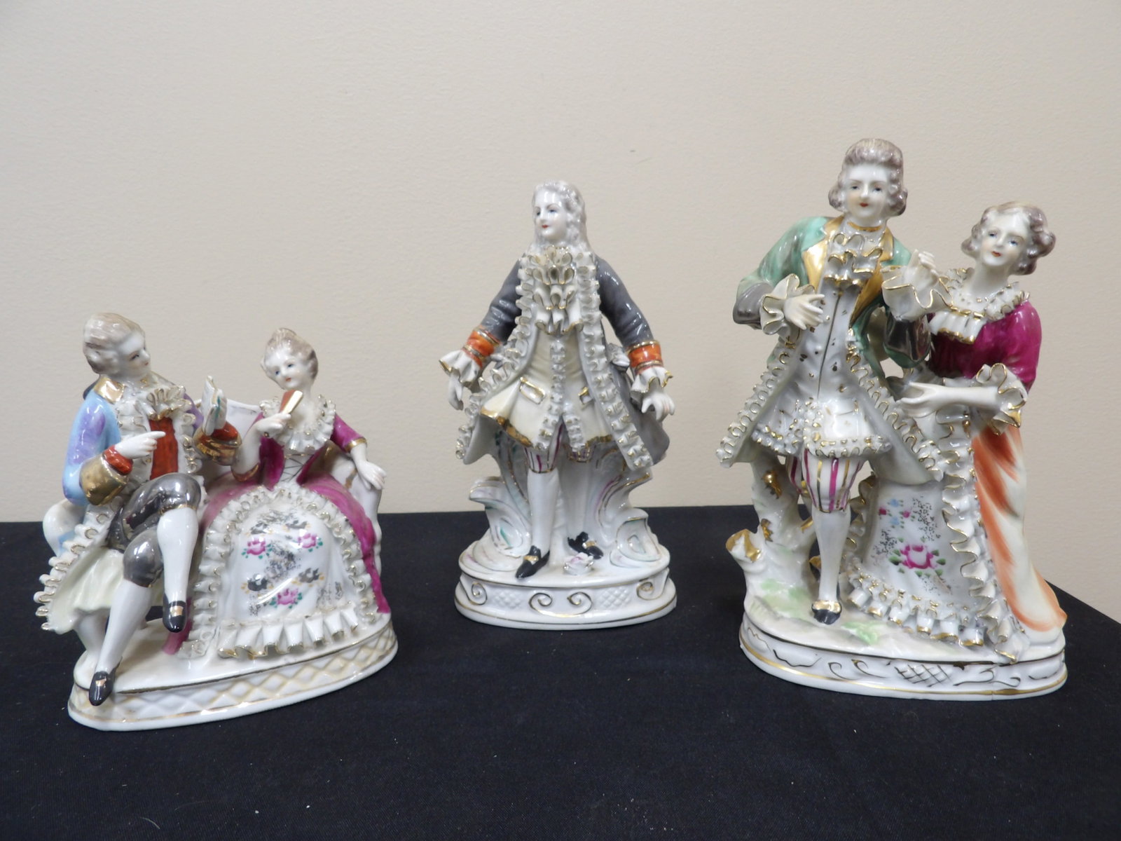 lot of 3 Meissen style porcelain courting couple figurines in Rococo attires (1 of 12)