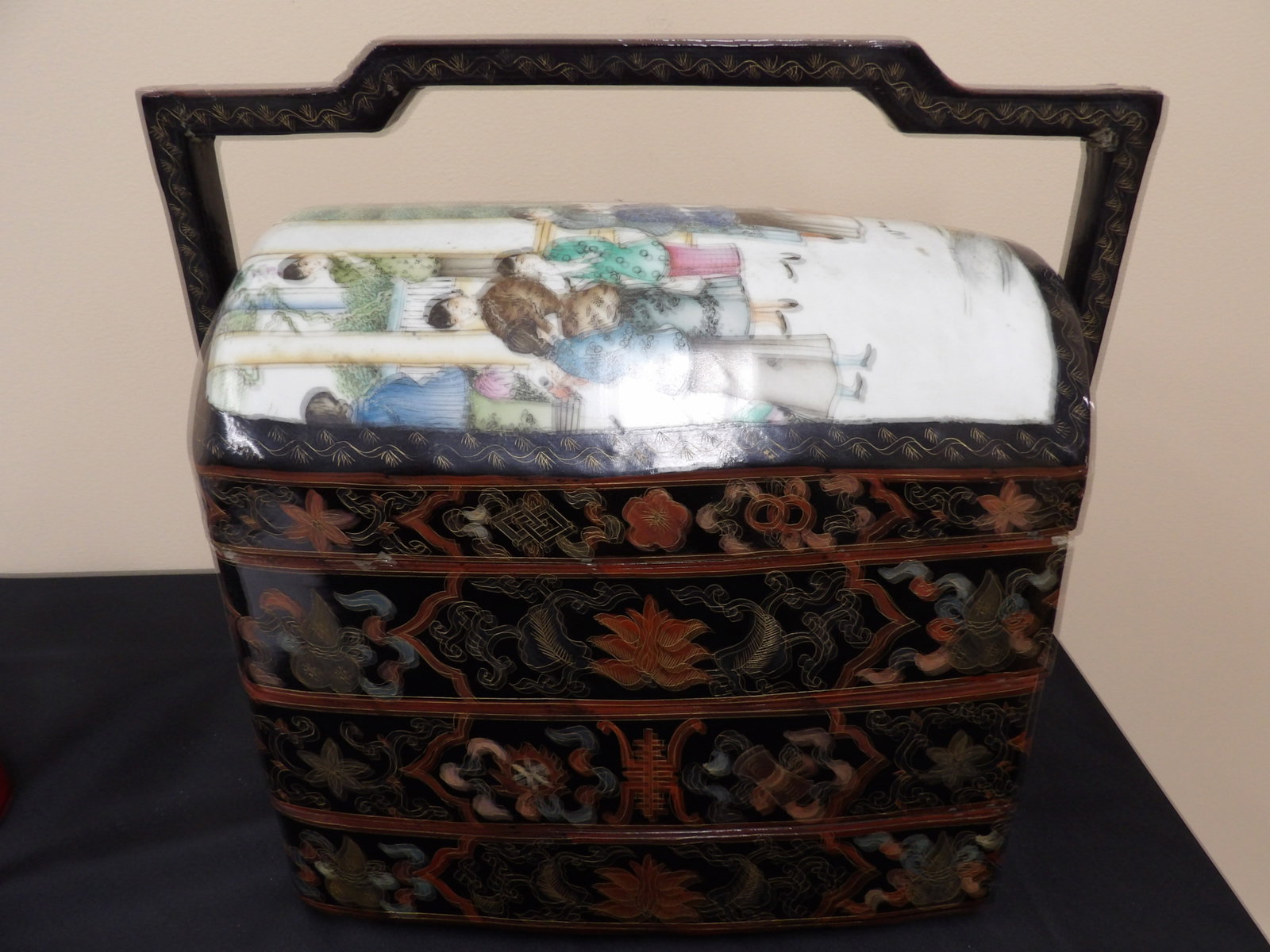 rare Chinese antique tiered lacquerware lunch box with large hand painted porcelain top: Approx size is 15.3 x 7.3 x 14.5 inches. We will inhouse ship items to you very affordable and efficient. Select self-arrange shipping.